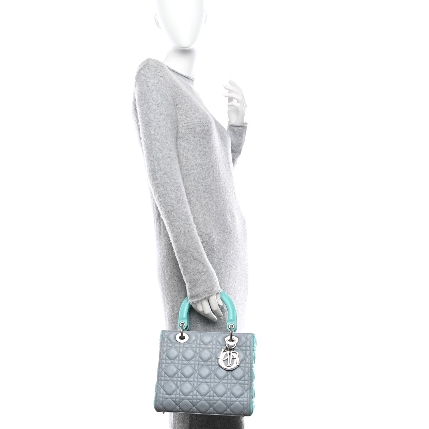 Christian Dior Lambskin Cannage Medium Bi-Color Lady Dior Grey Turquoise 2 of 13