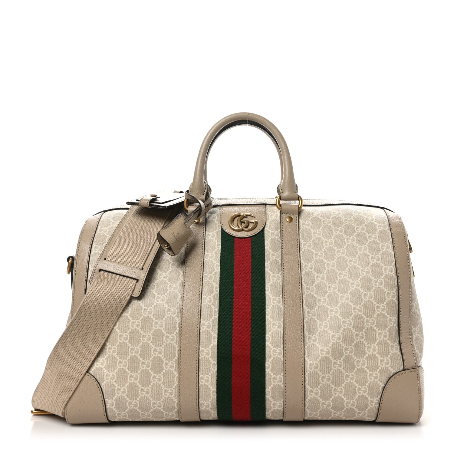 Gucci GG Supreme Monogram Textured Dollar Calfskin Web Medium Savoy Duffle Bag Beige Mystic White Oatmeal 1 of 10