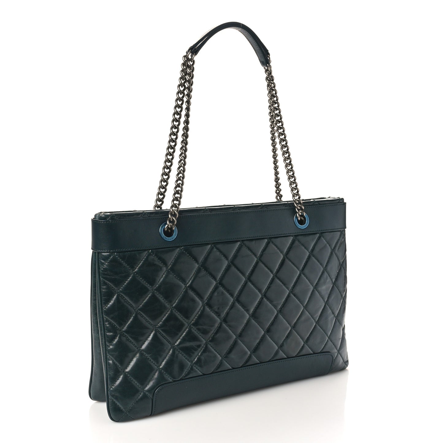 Glazed Calfskin Quilted Shopping Tote Dark Blue