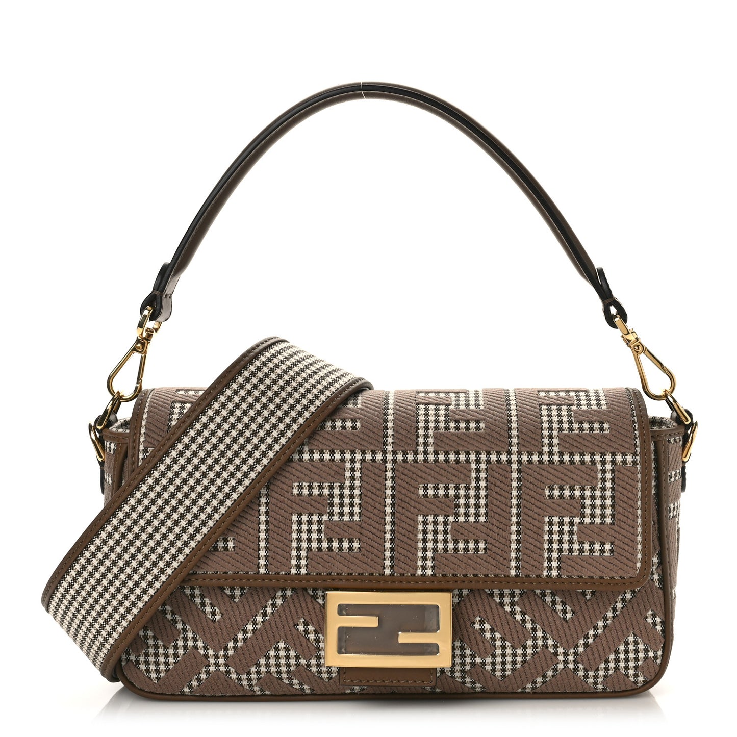 Wool Vitello King Houndstooth FF Embroidered Baguette Beige Moro