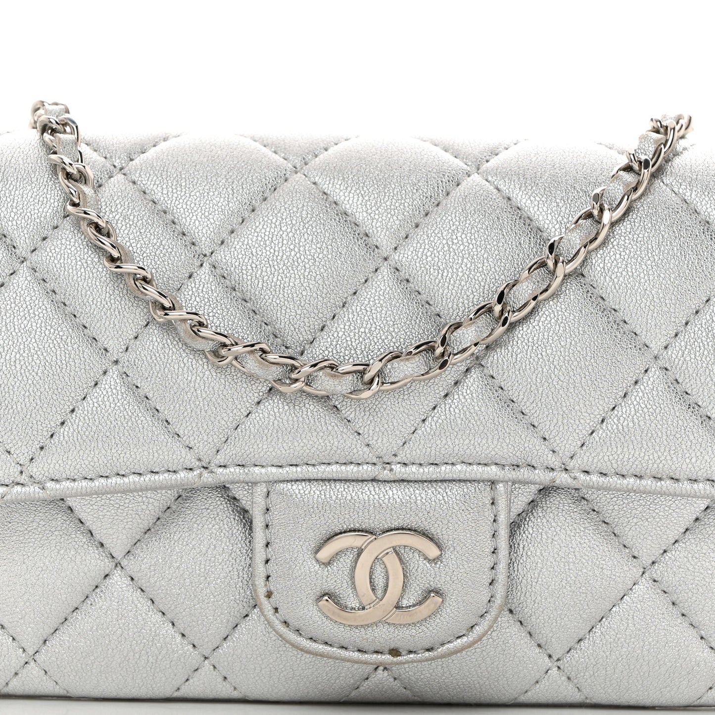 Metallic Lambskin Quilted Glasses Case With Chain Silver
