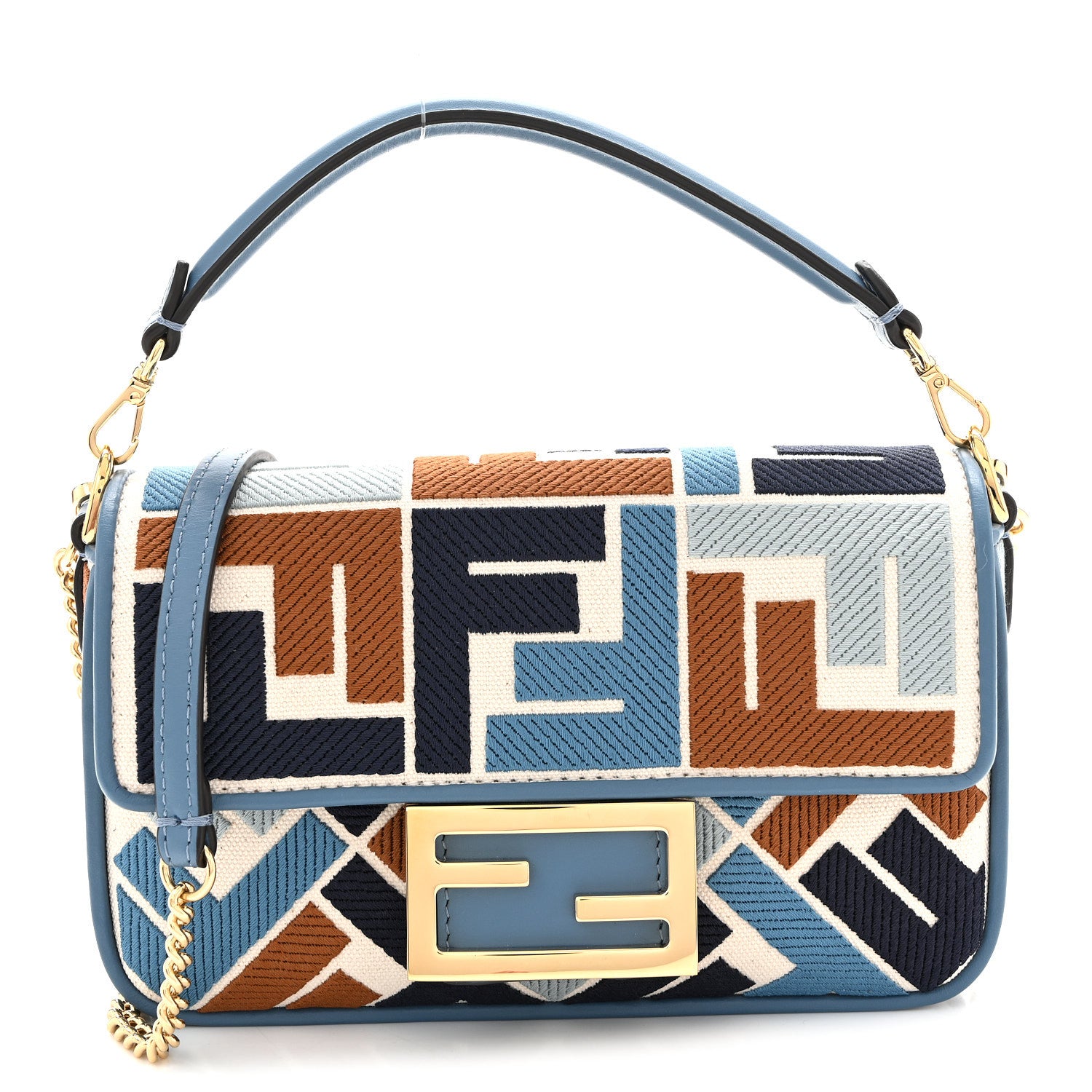 Fendi Canvas Vitello King Seta FF Embroidered Mini Baguette Blue