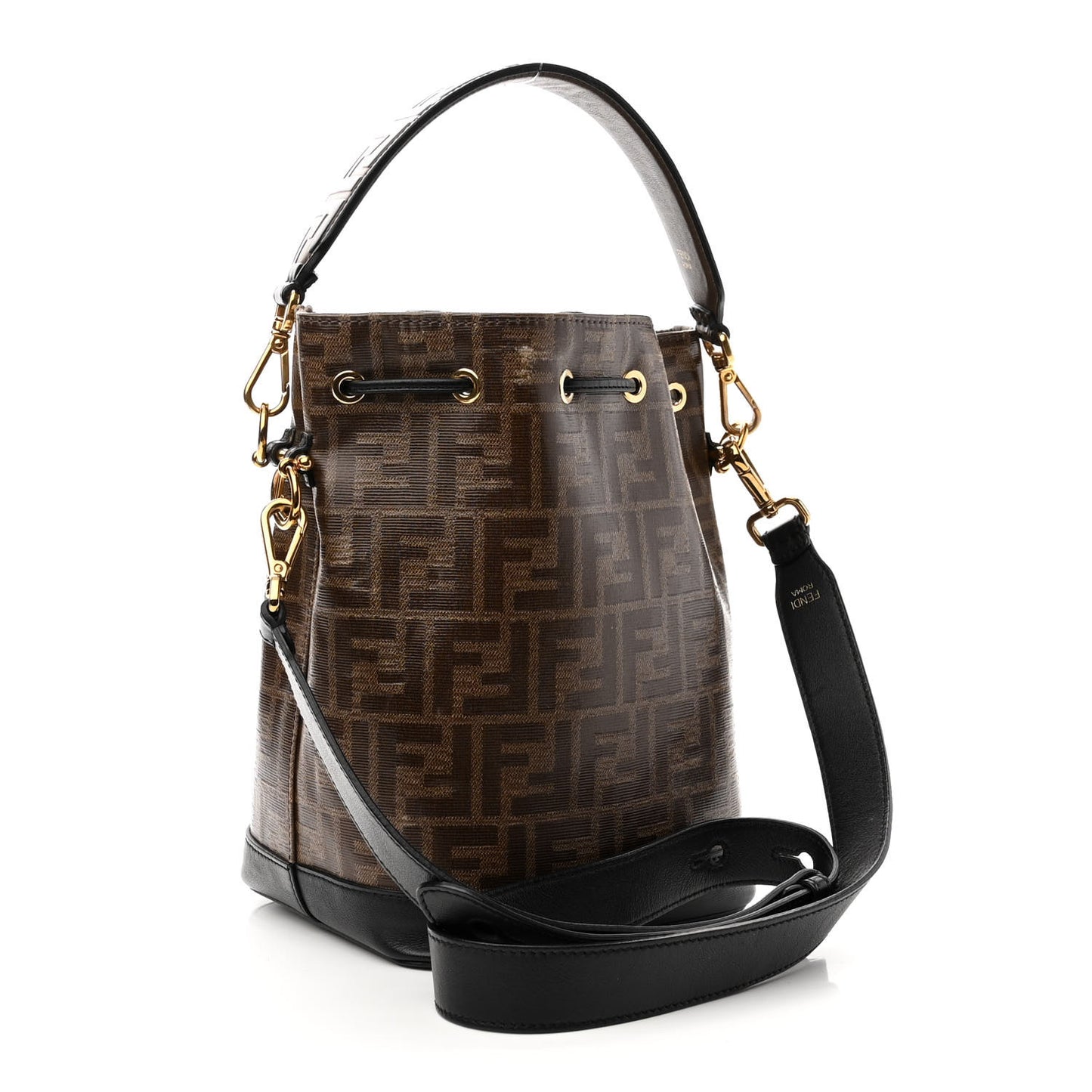Glazed Fabric Vitello Grace F is Fendi FF 1974 Stamp Patch Grande Mon Tresor Bucket Bag Mogano Panna Black