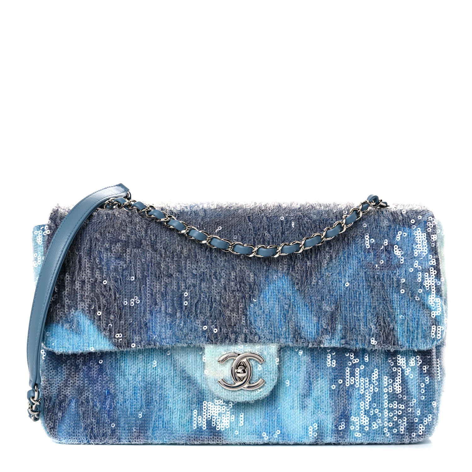 Chanel Sequin Large Waterfall Flap Light Blue 1020517 – FASHIONPHILE