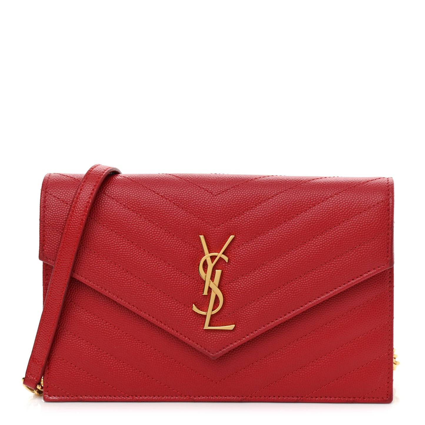 Grain De Poudre Matelasse Chevron Monogram Envelope Chain Wallet New Red