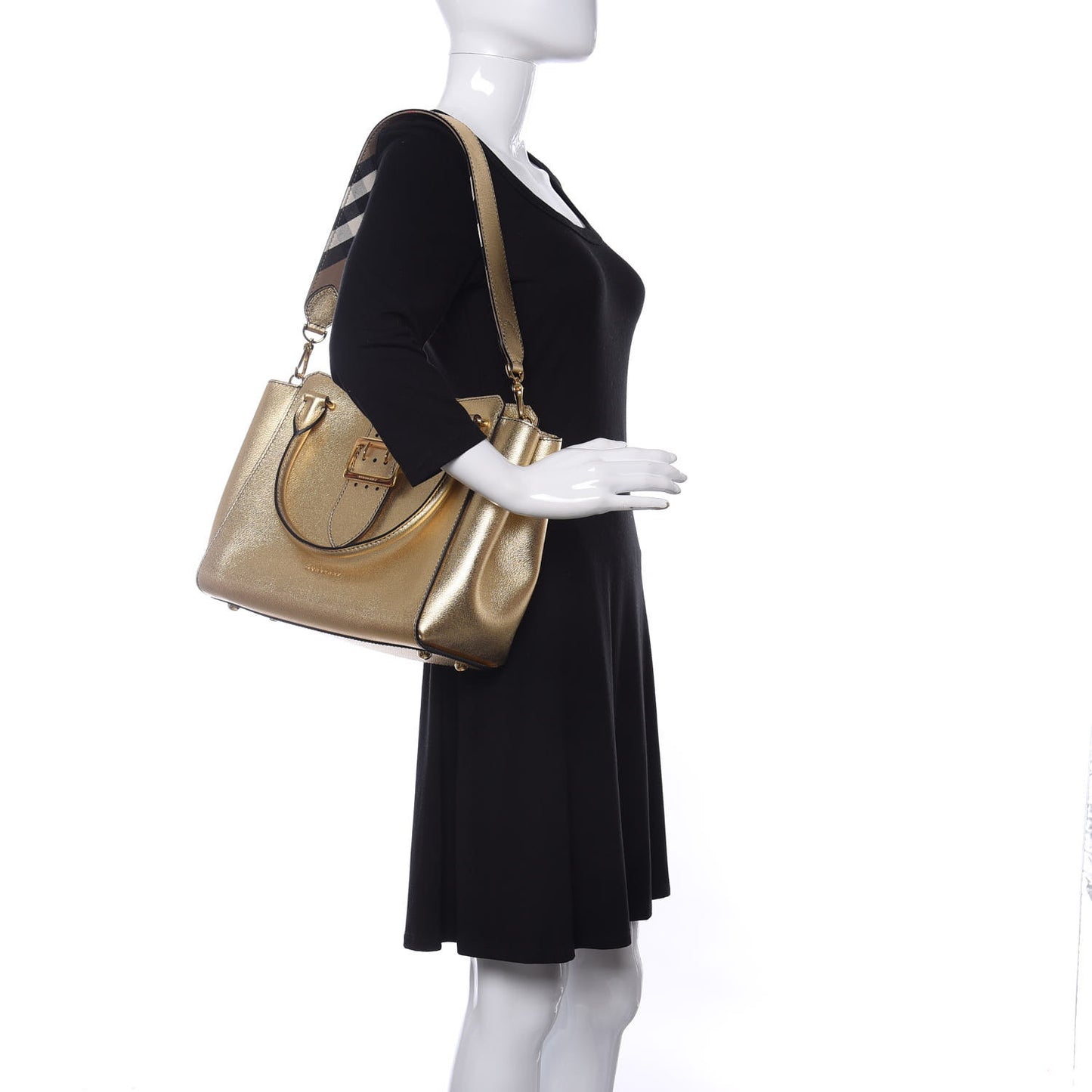 Metallic Soft Grain Calfskin Medium Buckle Tote Gold