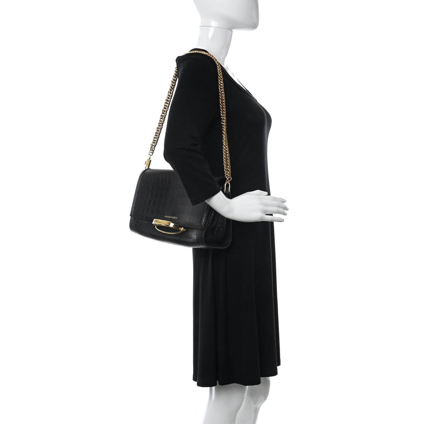 Calfskin Crocodile Embossed The Story Shoulder Bag Black
