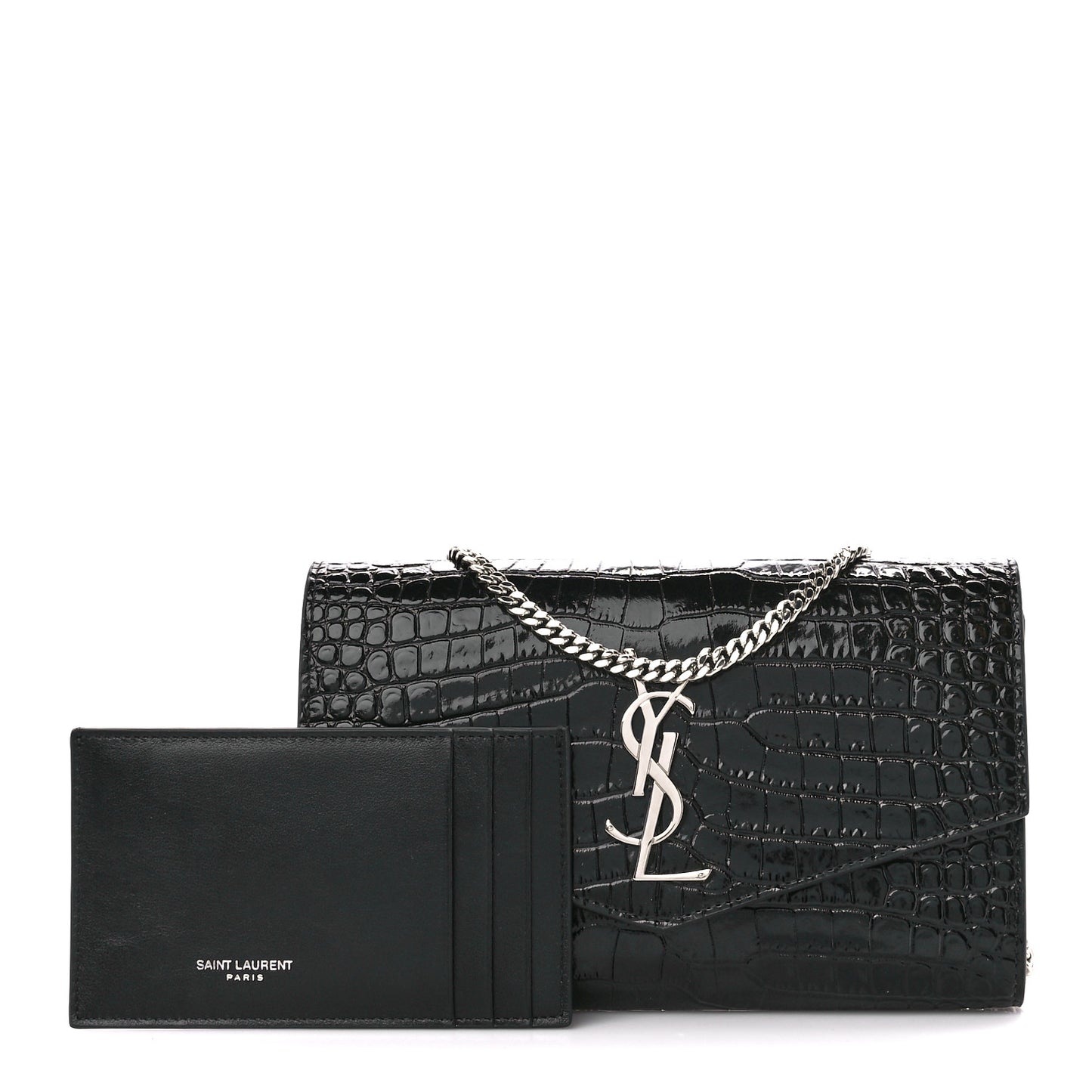 Calfskin Crocodile Embossed Monogram Uptown Chain Wallet Black
