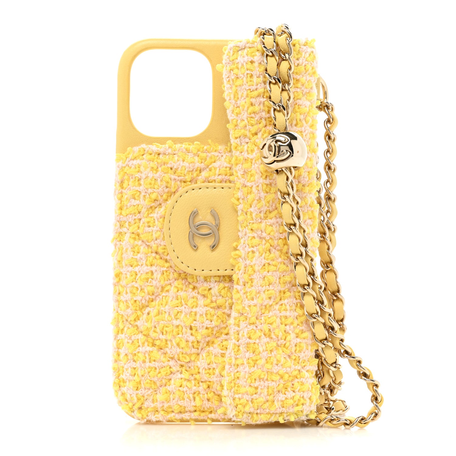ときちな　希少　CHANEL iPhone12 pro ケース イエロー Chanel Tweed Quilted iPhone XII Pro Case With Chain Yellow Pink