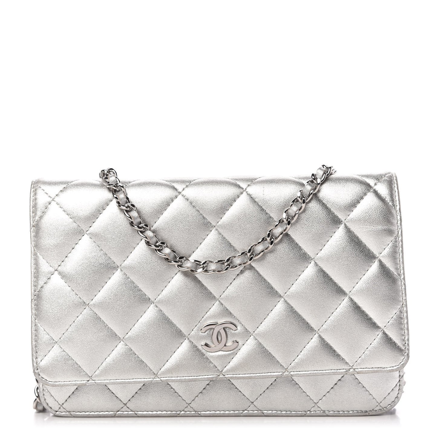 Metallic Lambskin Quilted Wallet On Chain WOC Silver