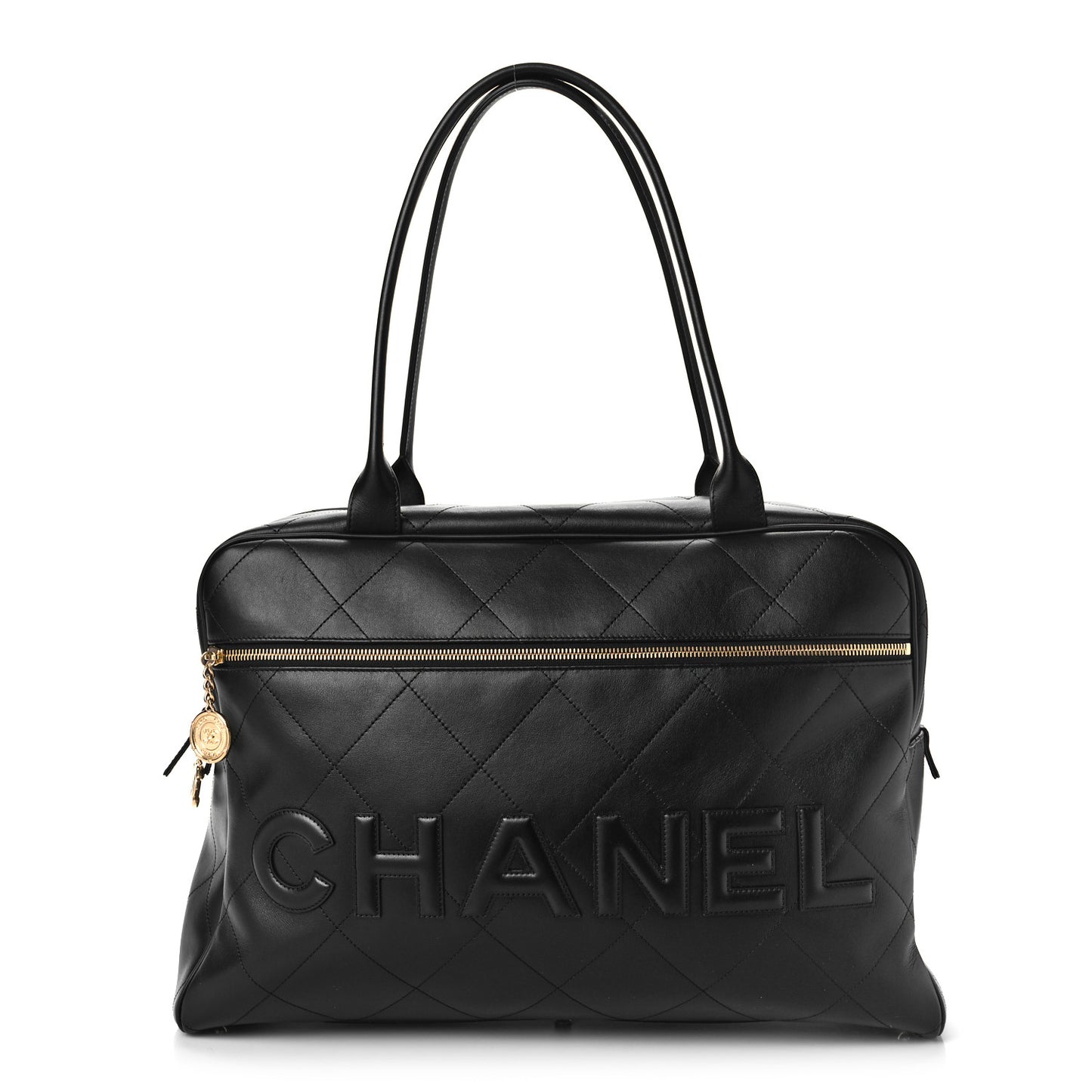 Calfskin Stitched Maxi Logo Bowling Bag Black
