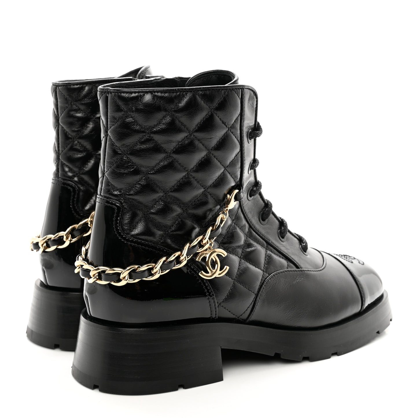 Shiny Calfskin Patent Quilted Chain Lace Up Combat Boots 39 Black