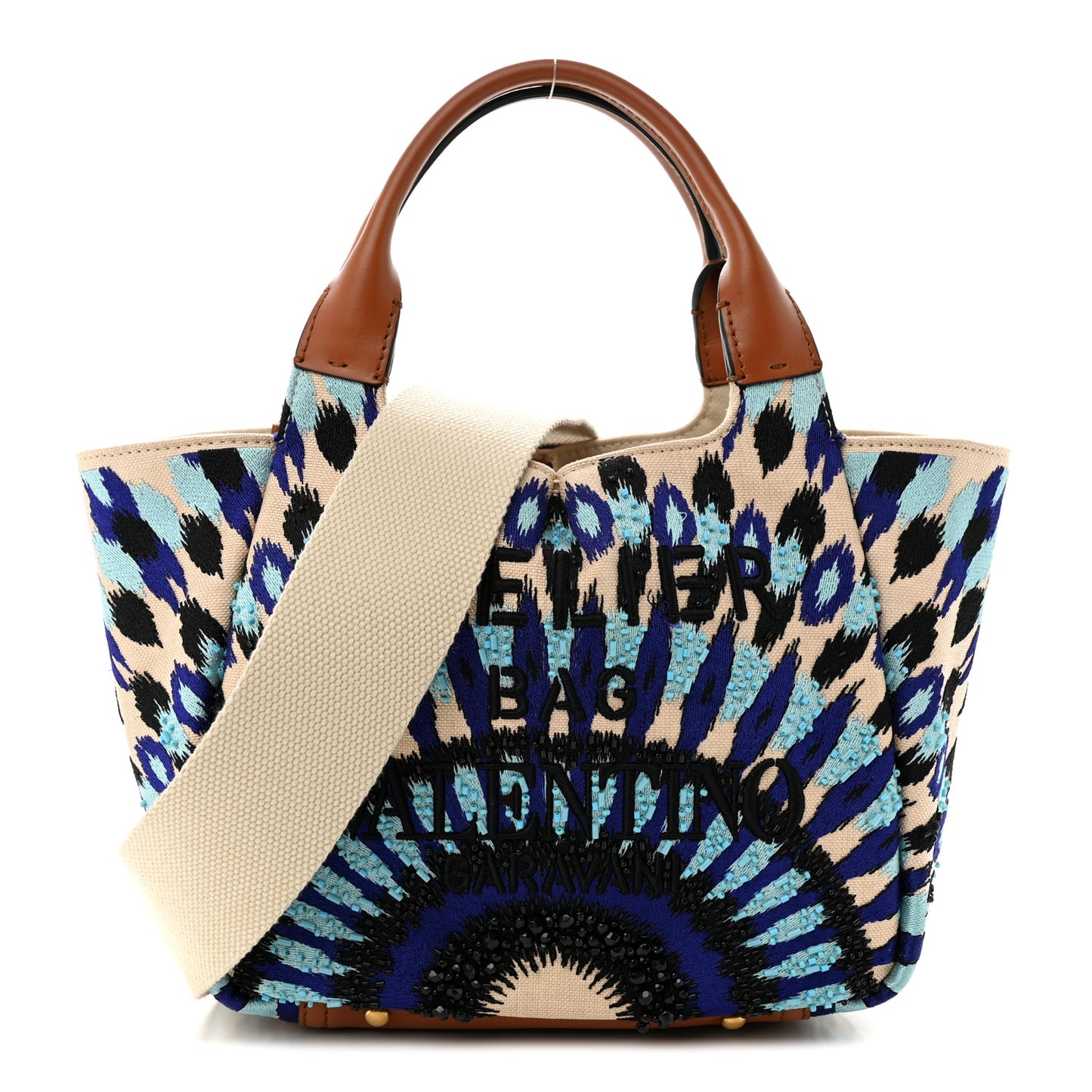 Canvas Beaded Embroidered Small Atelier Tote Bag Blue