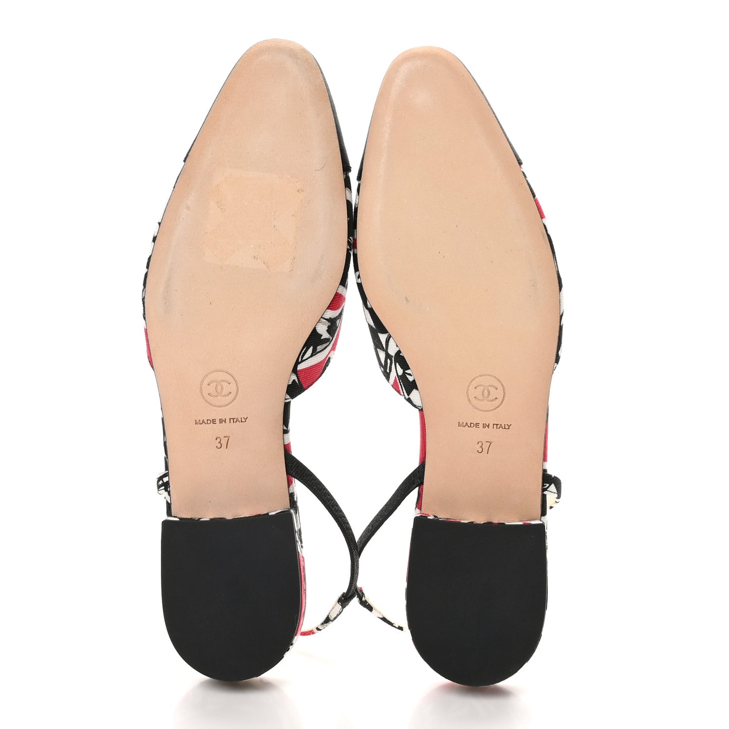 Printed Fabric Grosgrain Cap Toe CC Slingback Flats 37 Red Black White