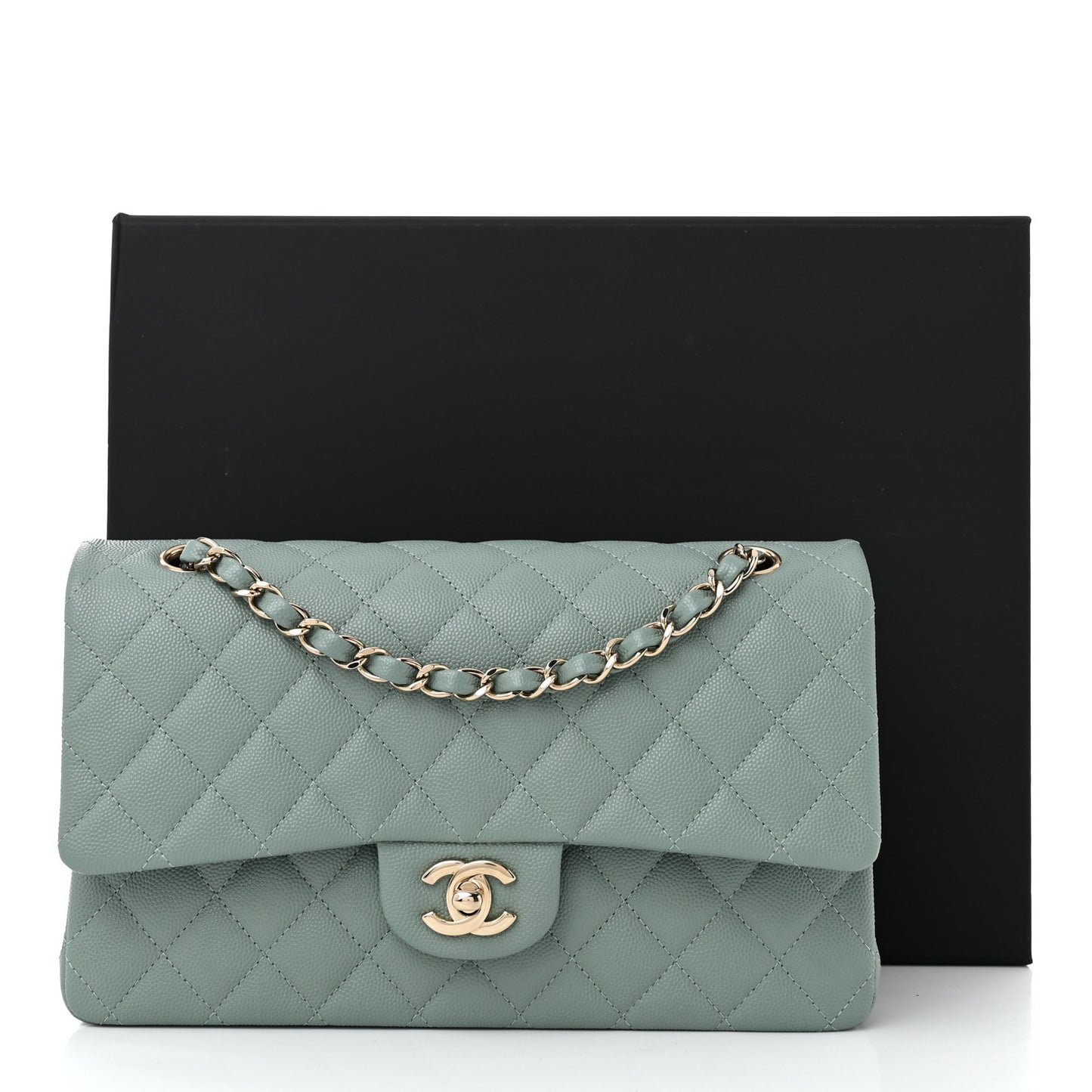 Caviar Quilted Medium Double Flap Light Blue