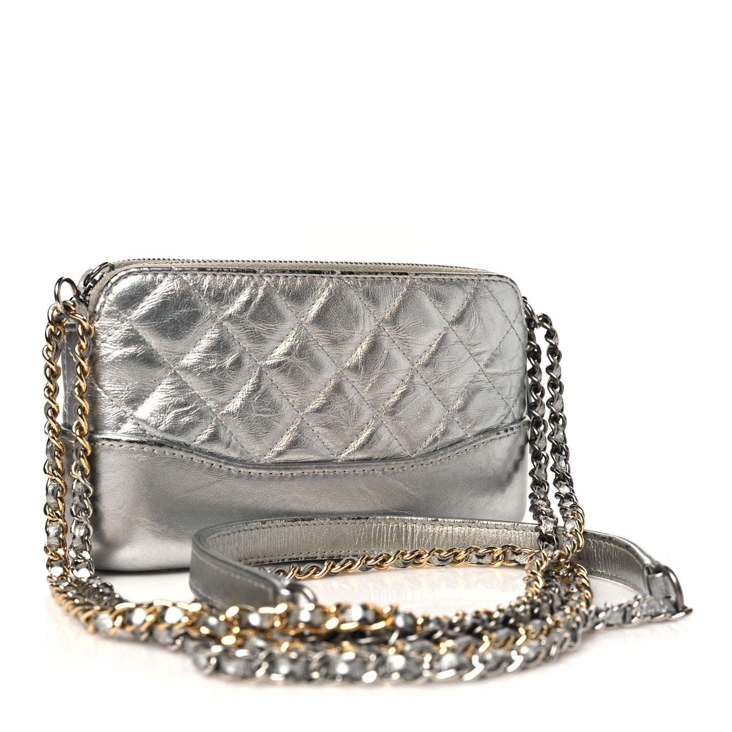 Metallic Lambskin Calfskin Quilted Small Gabrielle Clutch With Chain Silver
