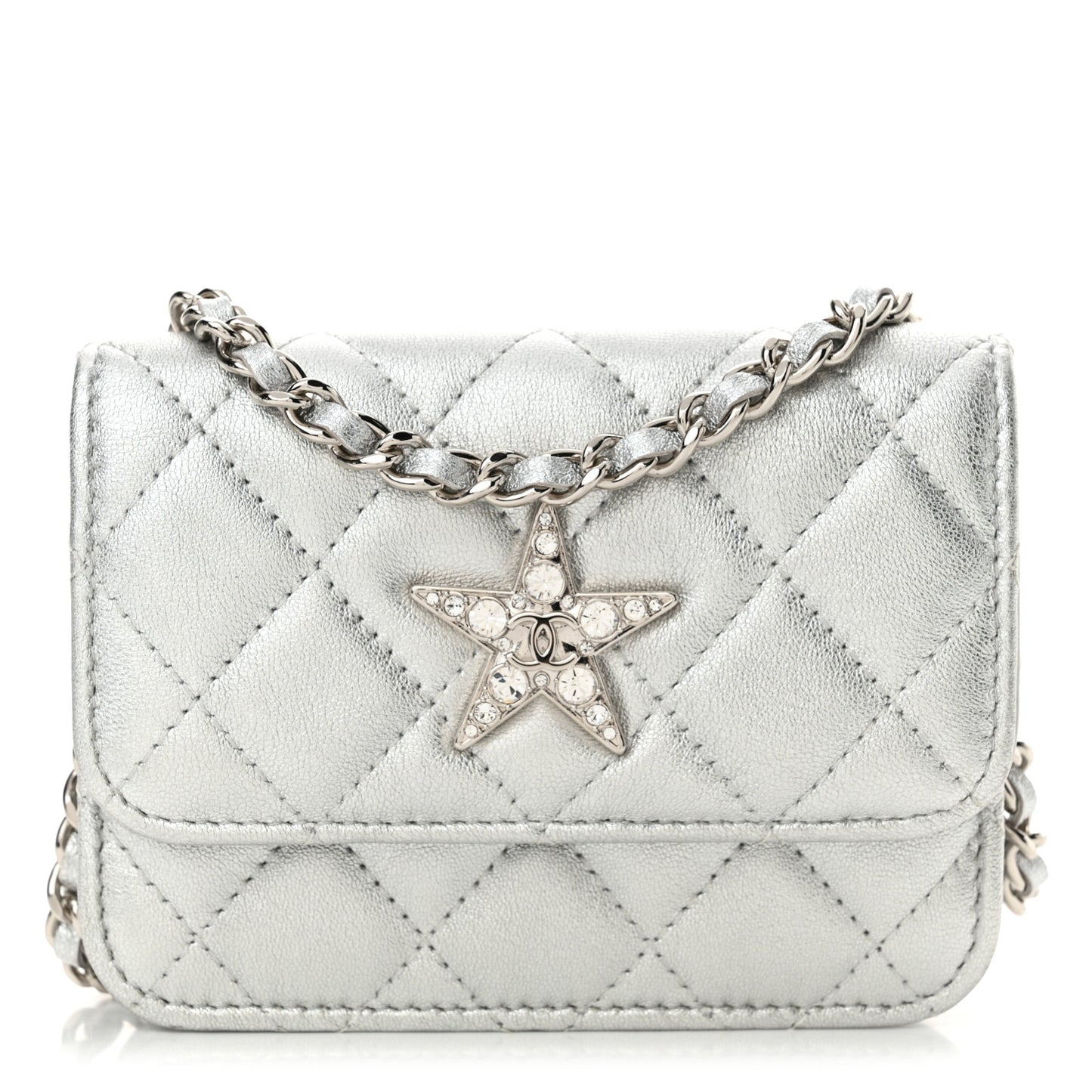 Metallic Lambskin Crystal Quilted Star Chain Belt Bag Silver
