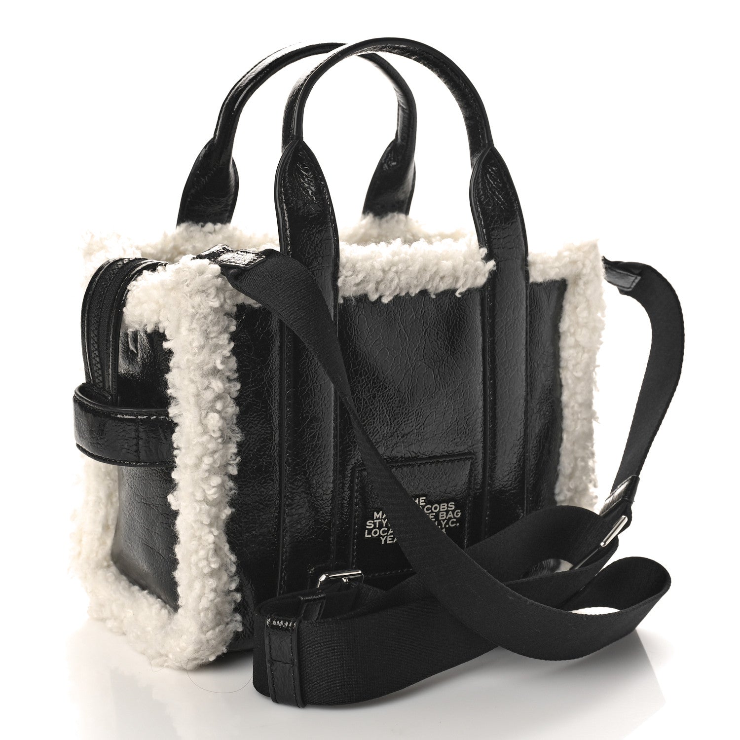 Marc Jacobs Shiny Calfskin Faux Shearling Mini The Traveler Tote Bag Black 2 of 9