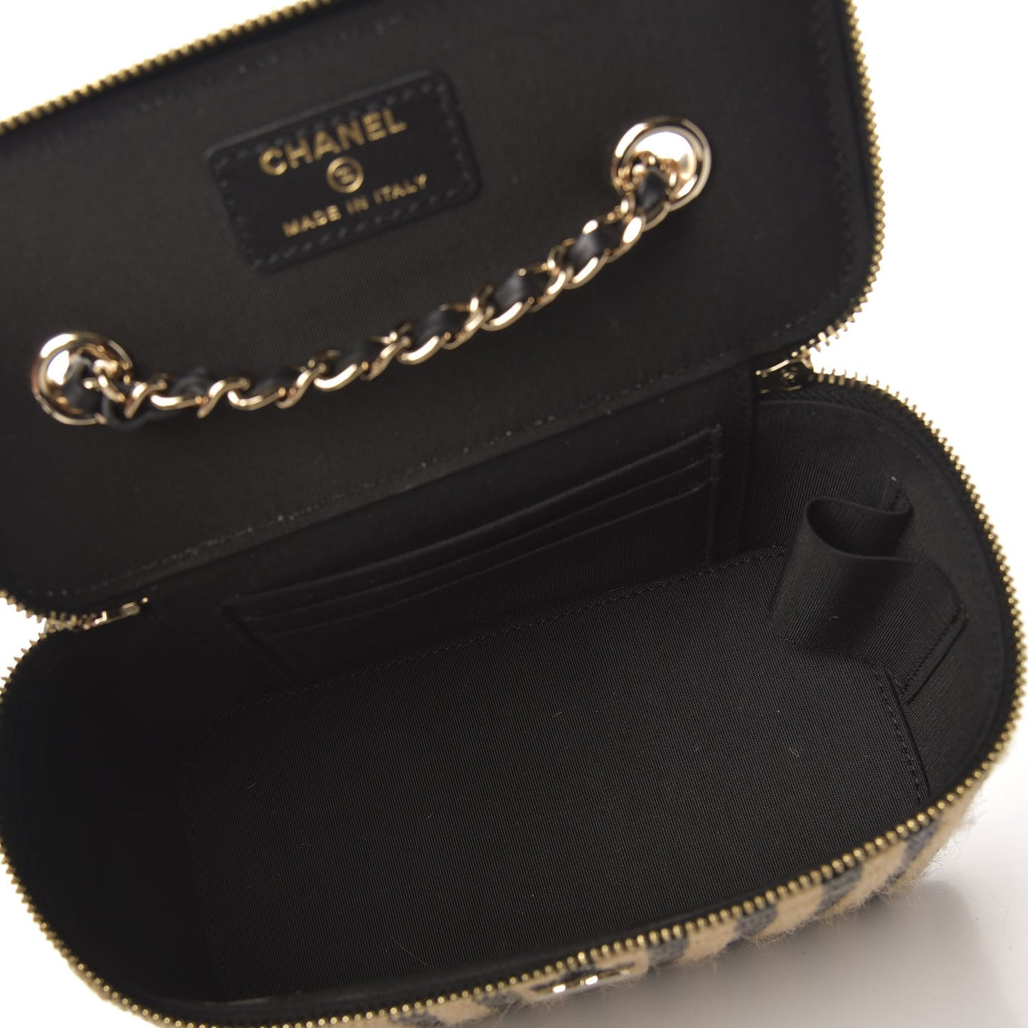 Raffia Jute Striped Small Vanity Case With Chain Black Beige