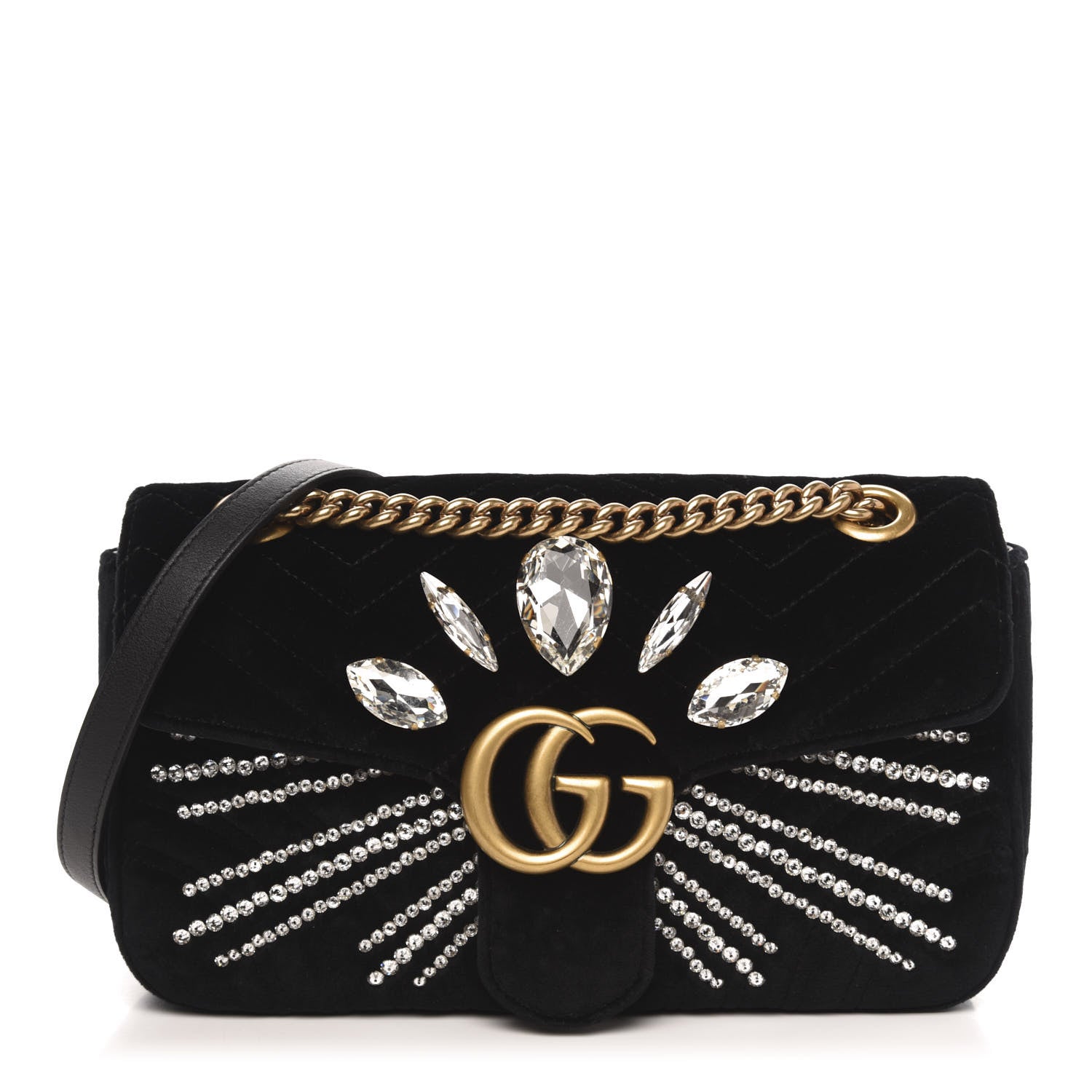 Gucci Velvet Matelasse Marquise Crystals Embroidered Small GG Marmont Shoulder Bag Black 1 of 10