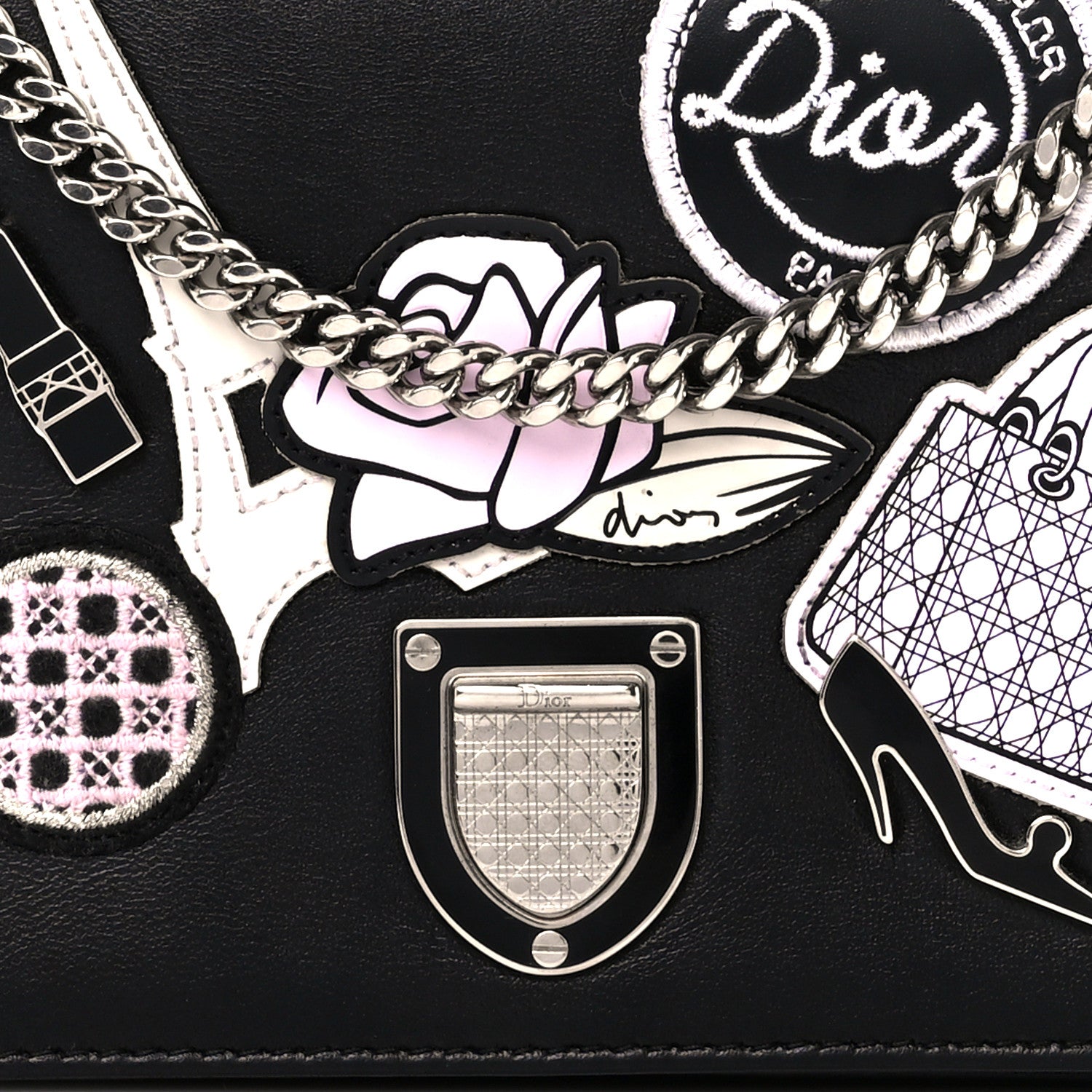 Christian Dior Calfskin Patch Embroidered Diorama Chain Wallet Black 11 of 13