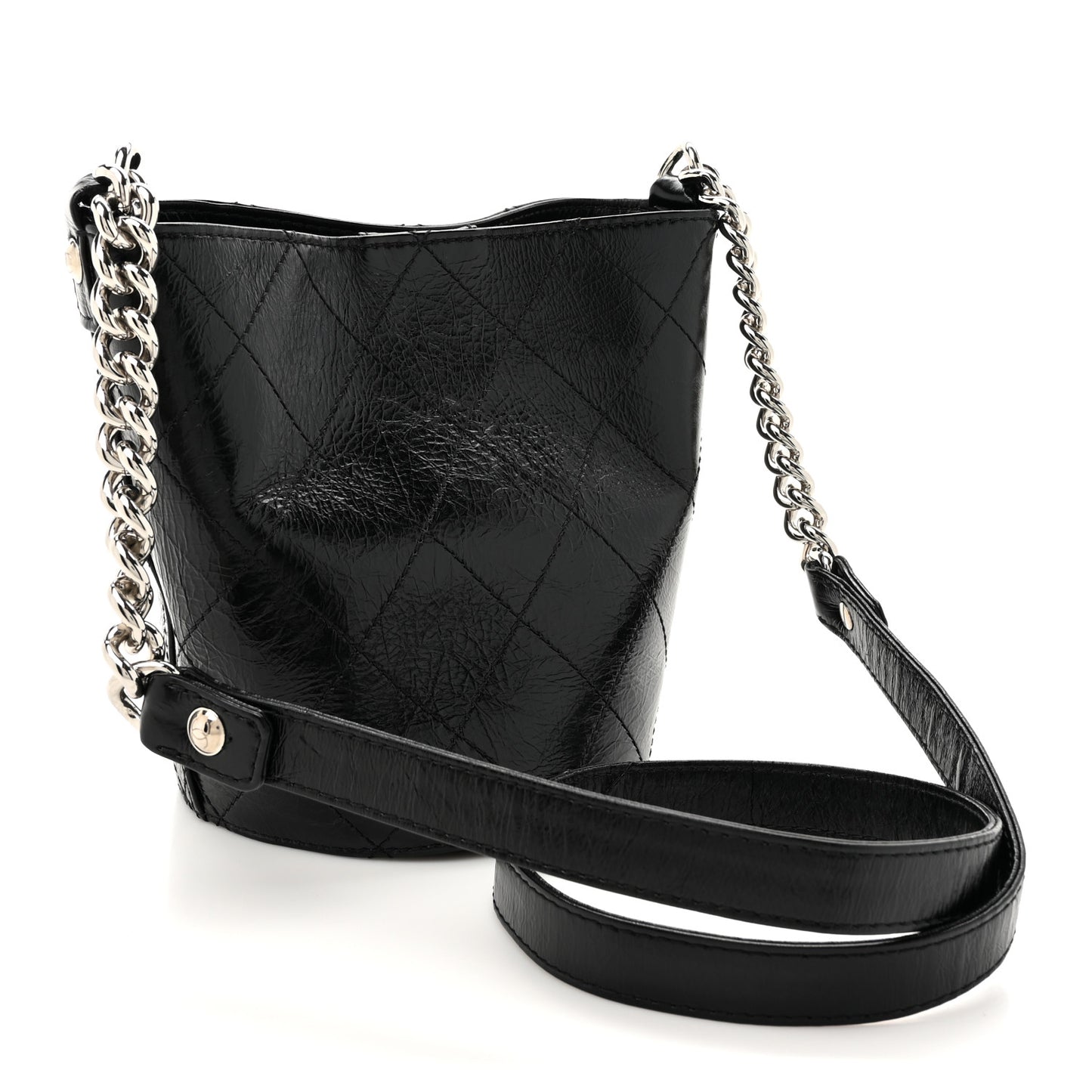Crumpled Calfskin Quilted Chain Drawstring Bucket Bag Black