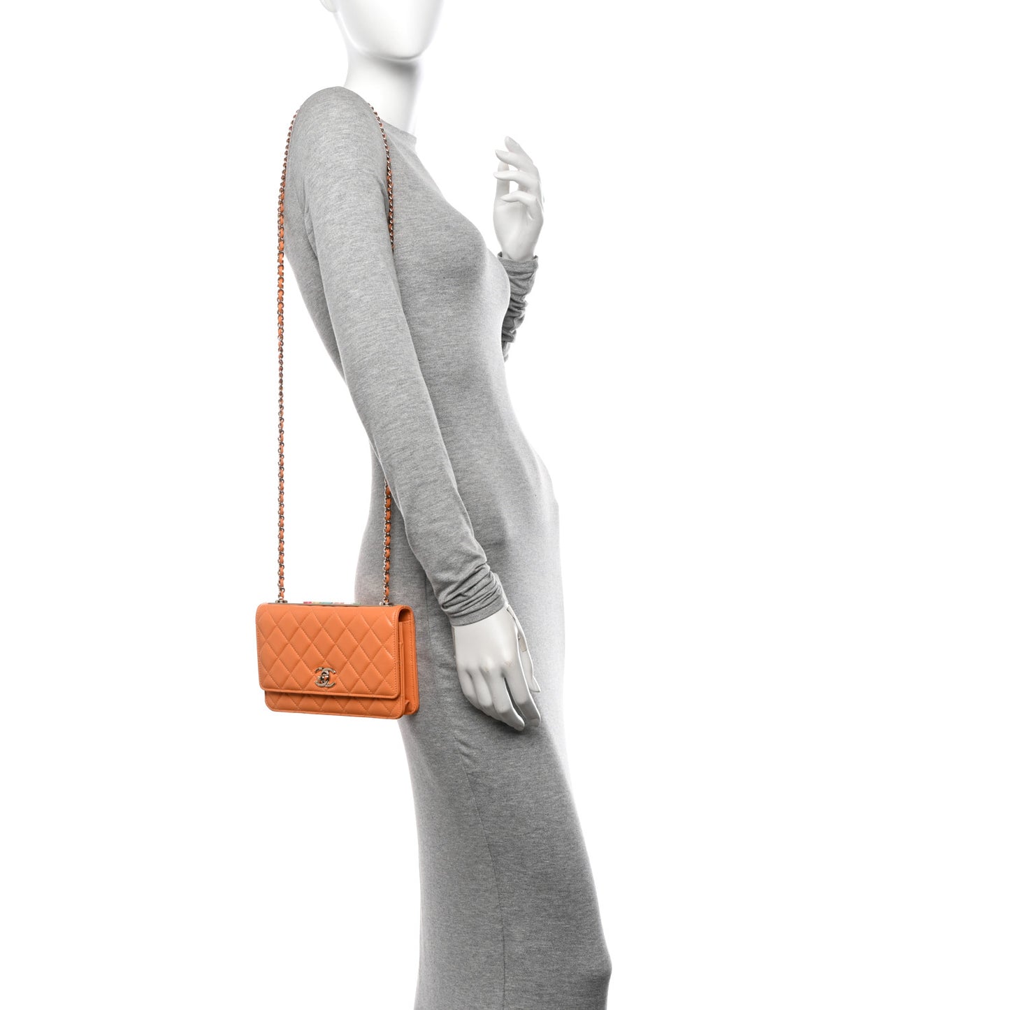 Lambskin Lacquered Quilted Trendy CC Wallet On Chain WOC Orange