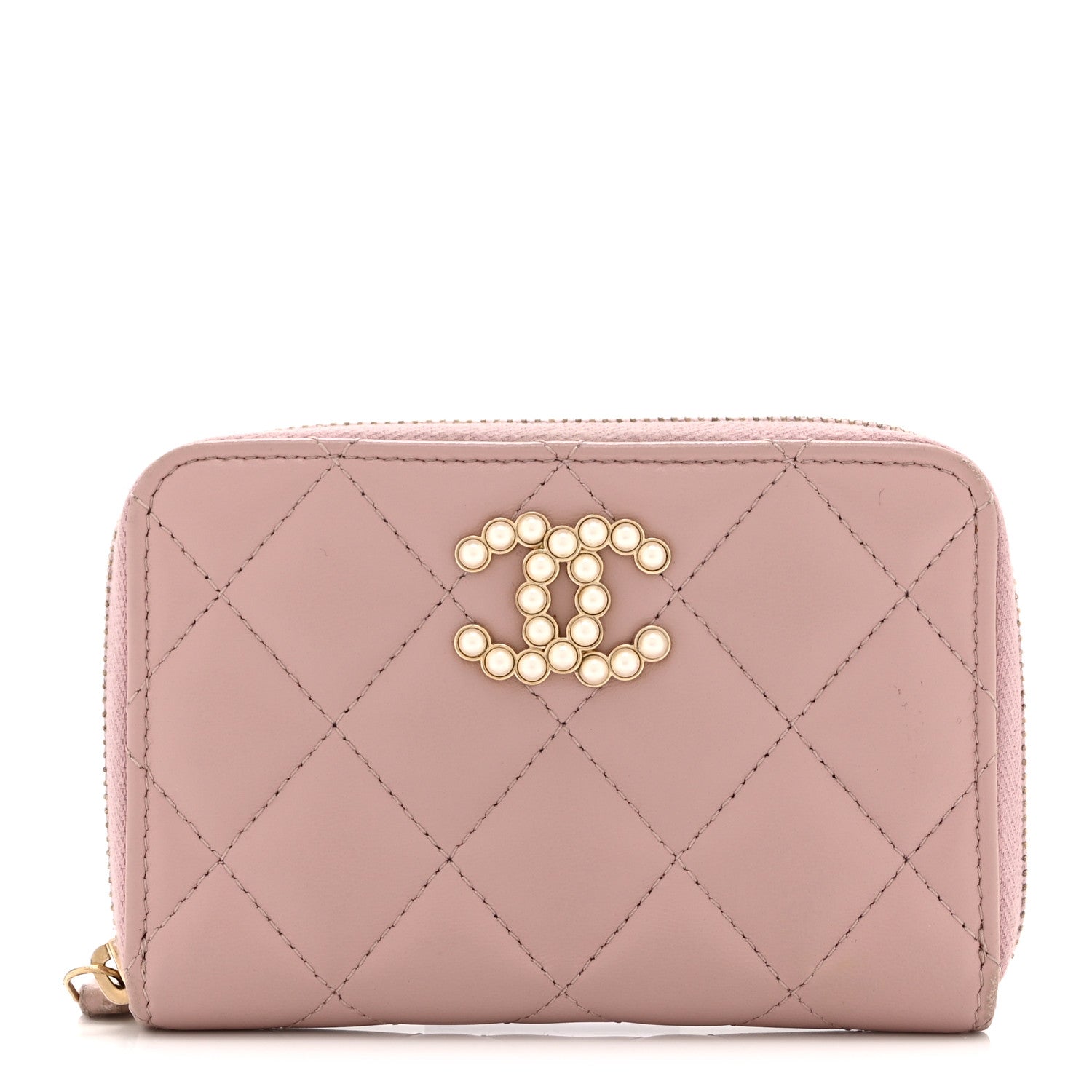 Chanel Lambskin Quilted Pearl CC Zip Around Coin Purse Wallet Pink