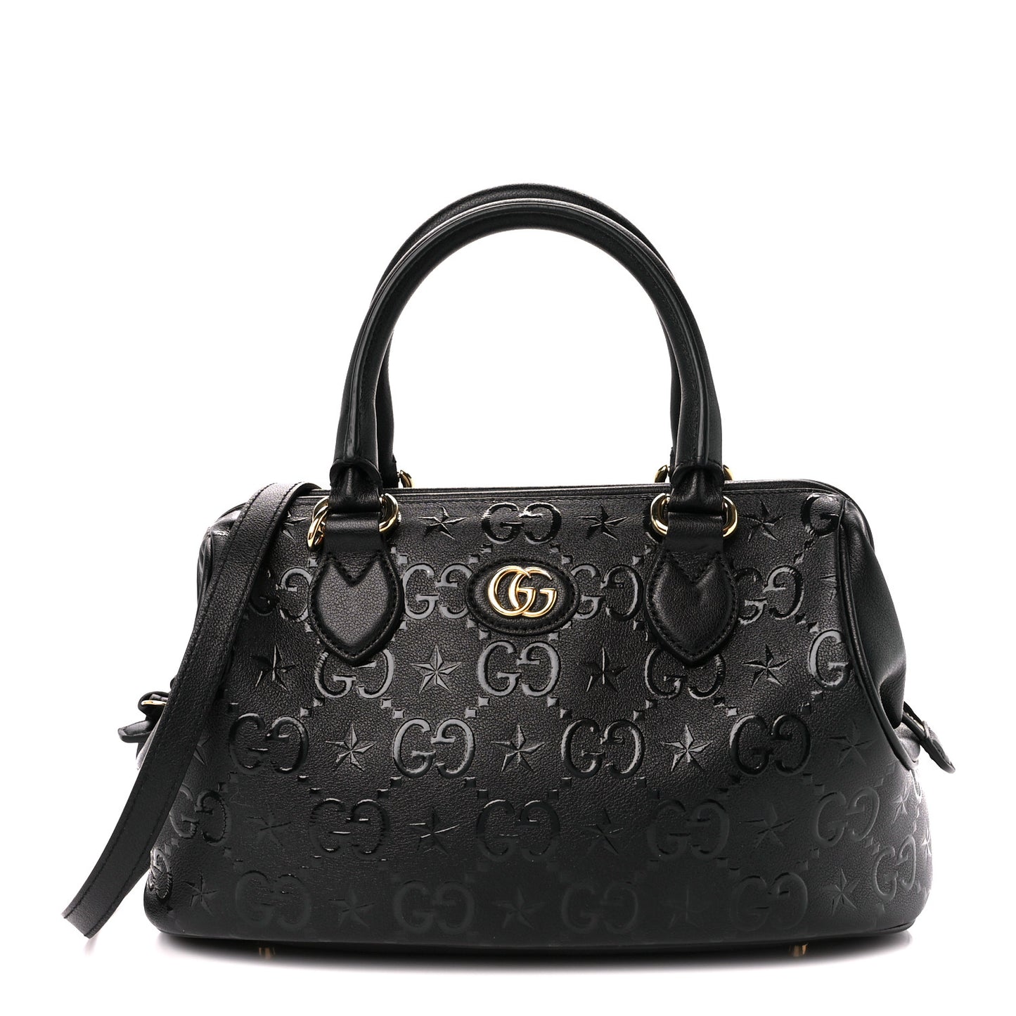 Wonka Grain Calfskin GG Monogram Star Embossed GG Top Handle Bag Black