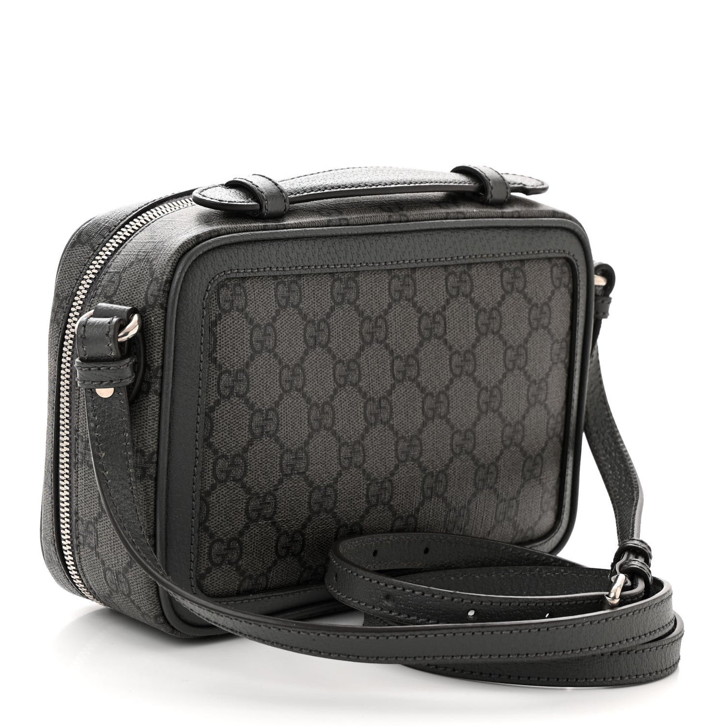 GG Supreme Monogram Textured Dollar Calfskin Small Ophidia Top Handle Shoulder Grey Black Graphite Grey
