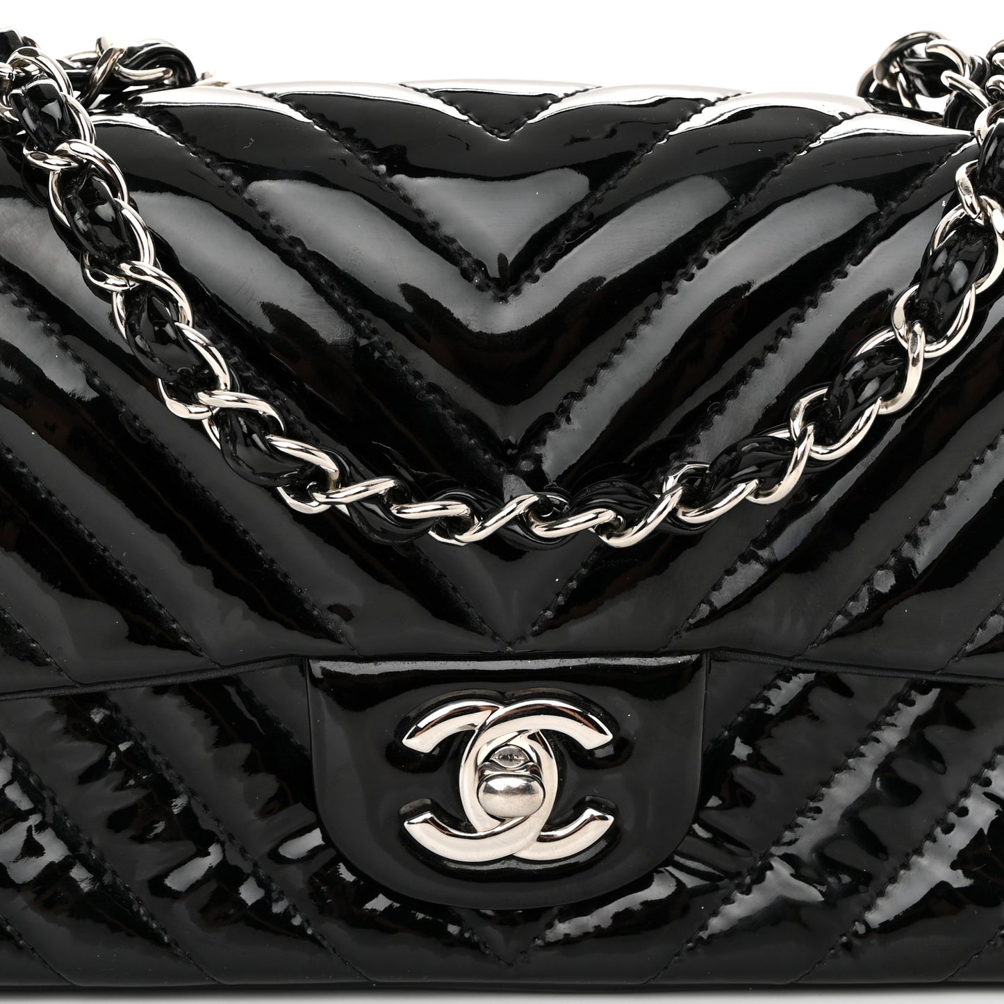 Patent Calfskin Chevron Quilted Mini Rectangular Flap Black