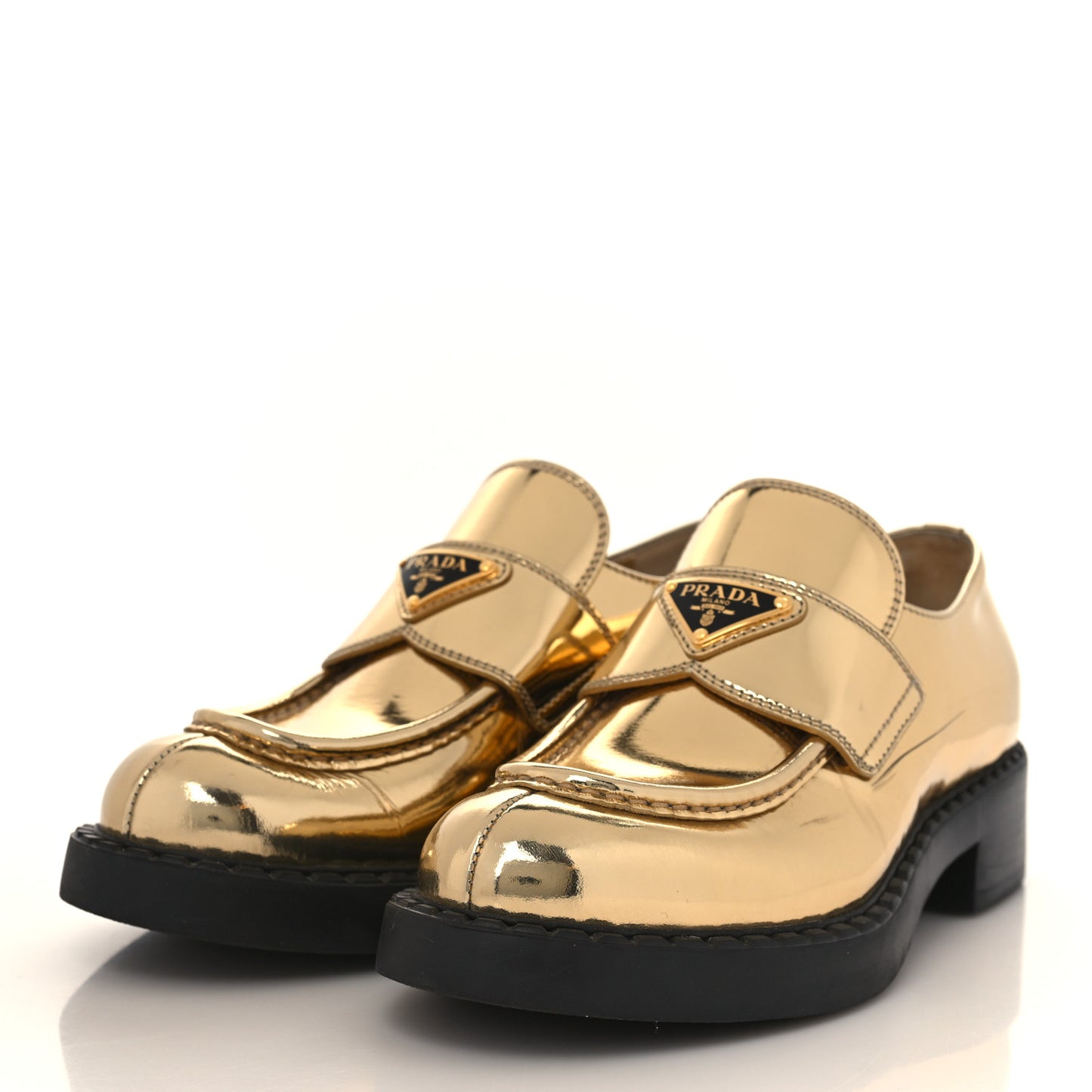 Metallic Brushed Calfskin Metal Triangle Logo 50mm Loafers 39 Platino