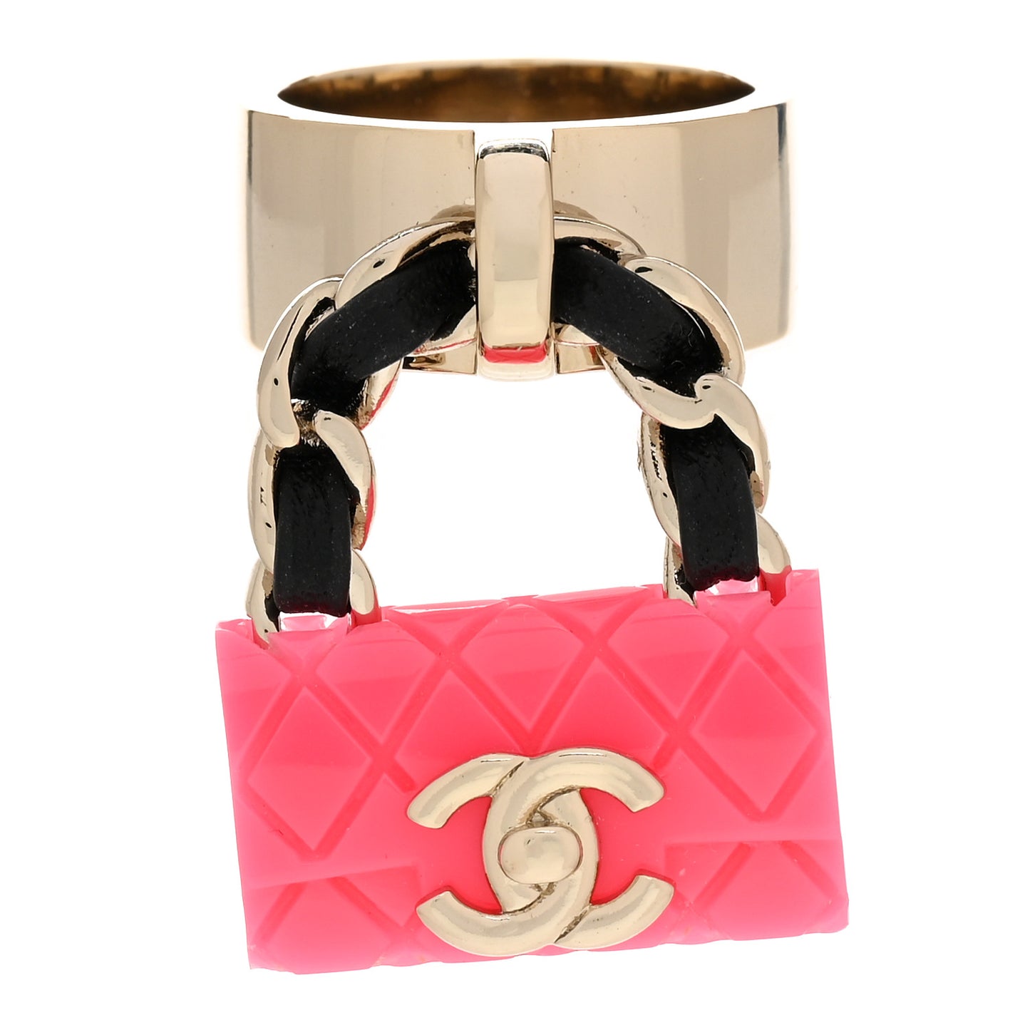 Calfskin Metal Resin CC Quilted Flap Ring 52 6 Gold Black Pink
