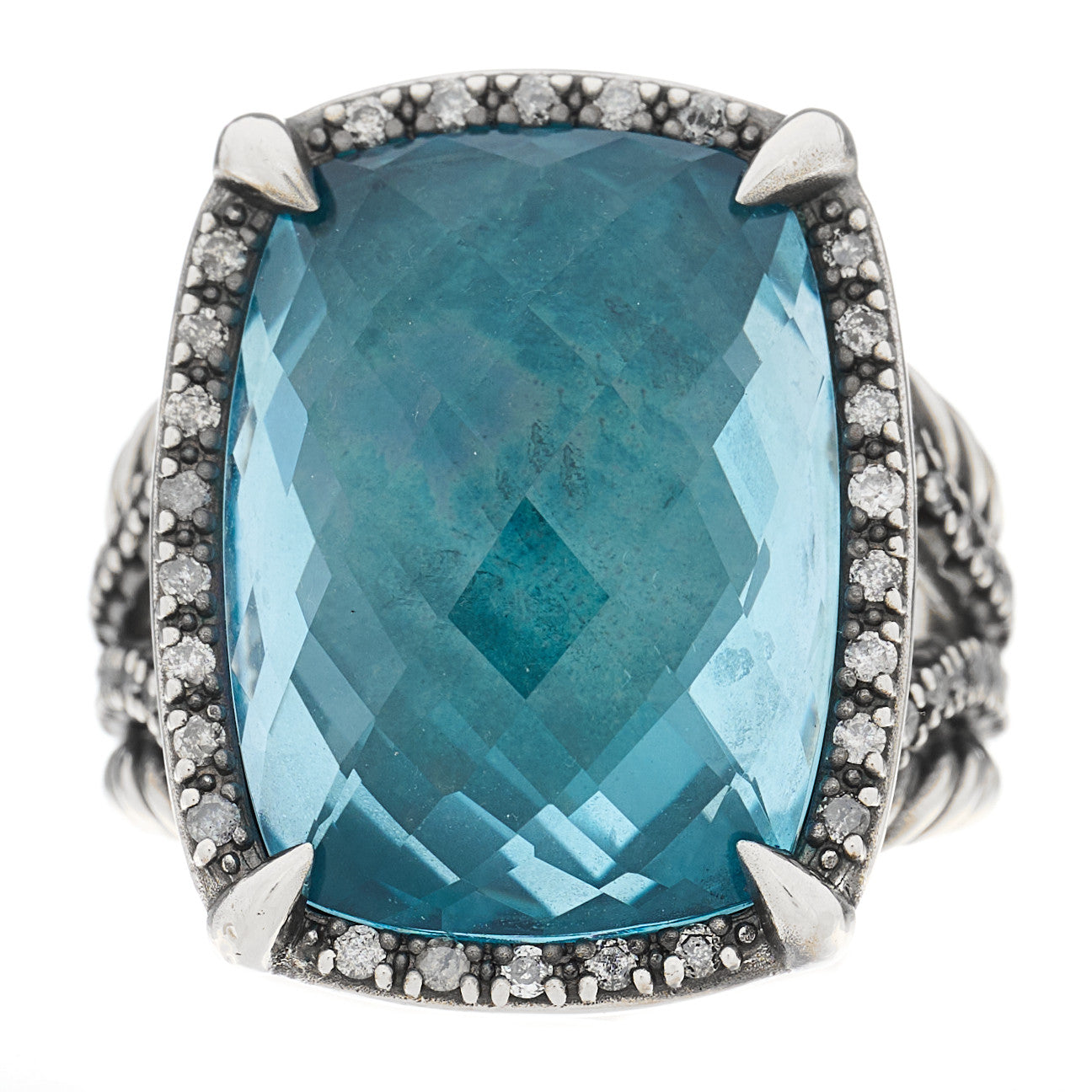Darkened Sterling Silver Diamond Blue Topaz 20mm Chatelaine Ring 56 7.5