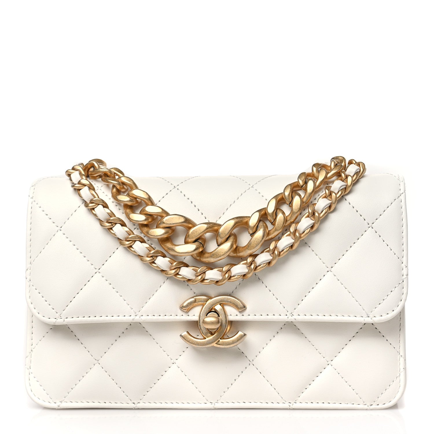 Chanel Calfskin Quilted Mini Dual Handle Chain Flap Bag White