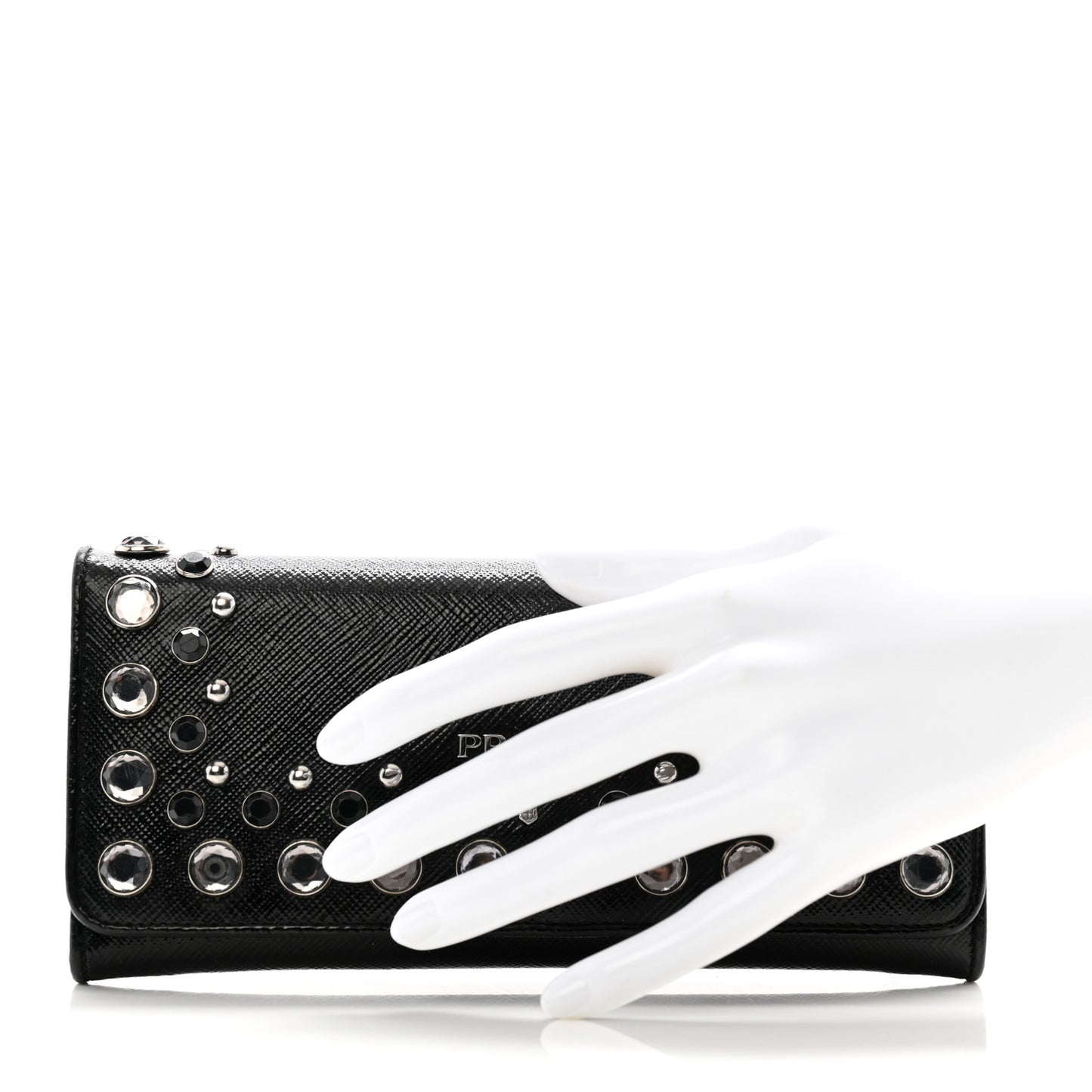 Saffiano Vernice Crystal Studded Flap Wallet Black