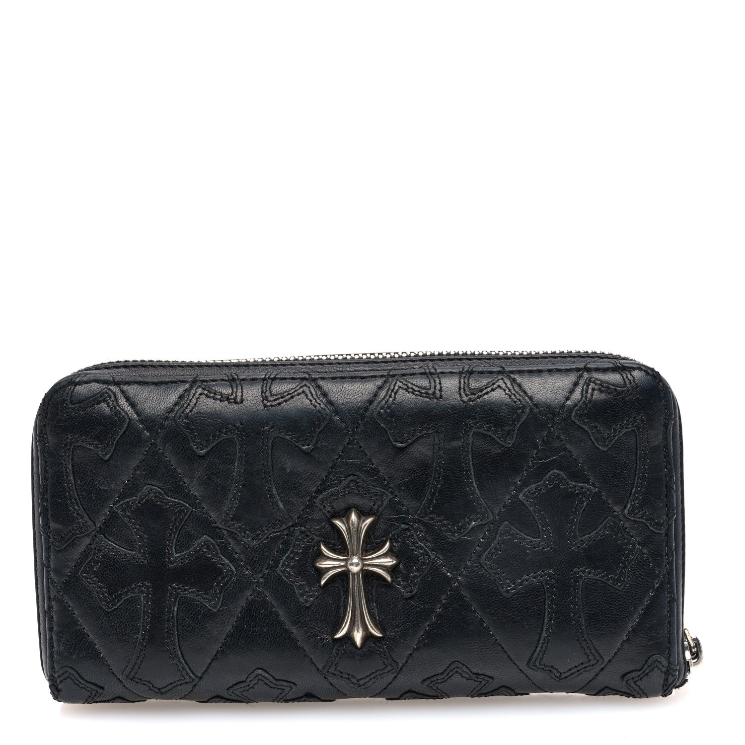 Chrome Hearts Lambskin Cemetery Cross Zip Wallet Black 1590893
