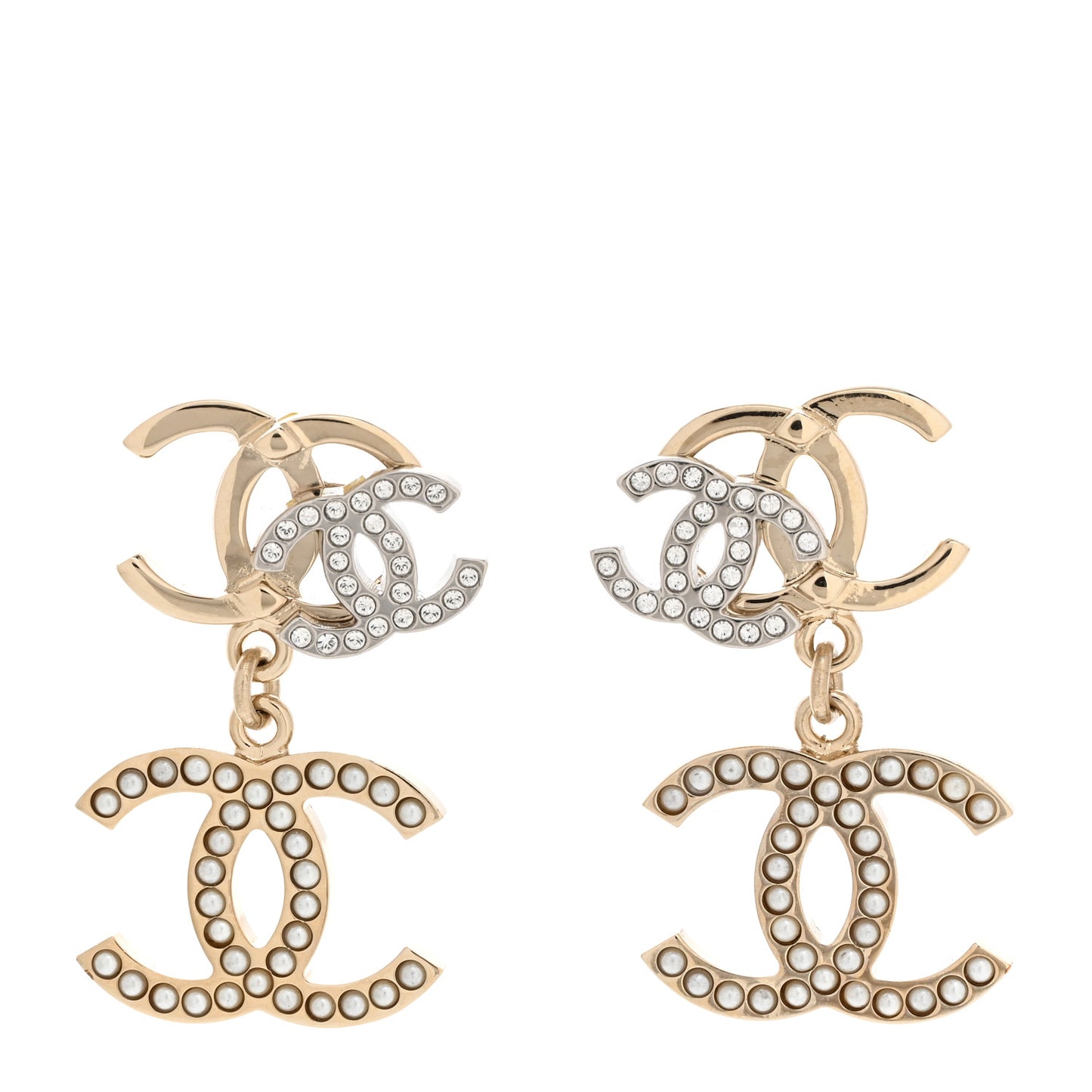 Crystal Pearl Double CC Drop Earrings Gold Silver