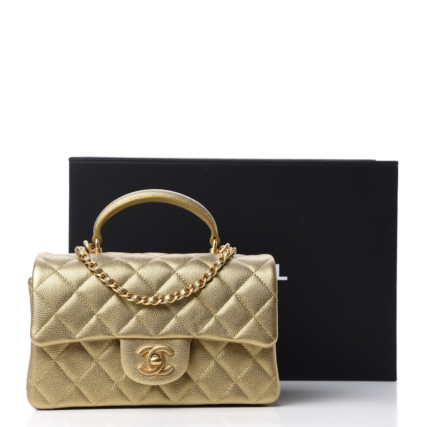 Metallic Caviar Quilted Mini Top Handle Rectangular Flap Gold