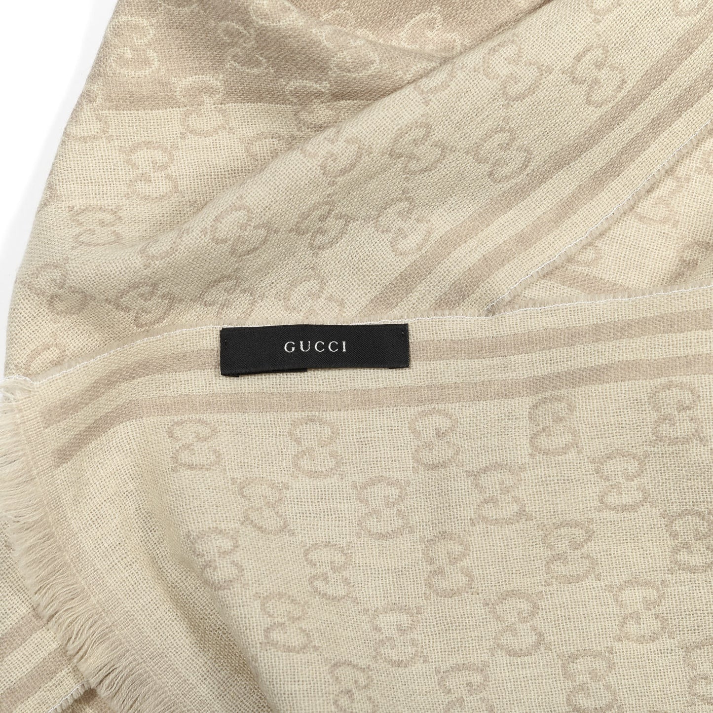 Wool Silk Monogram Fringe Scarf Beige