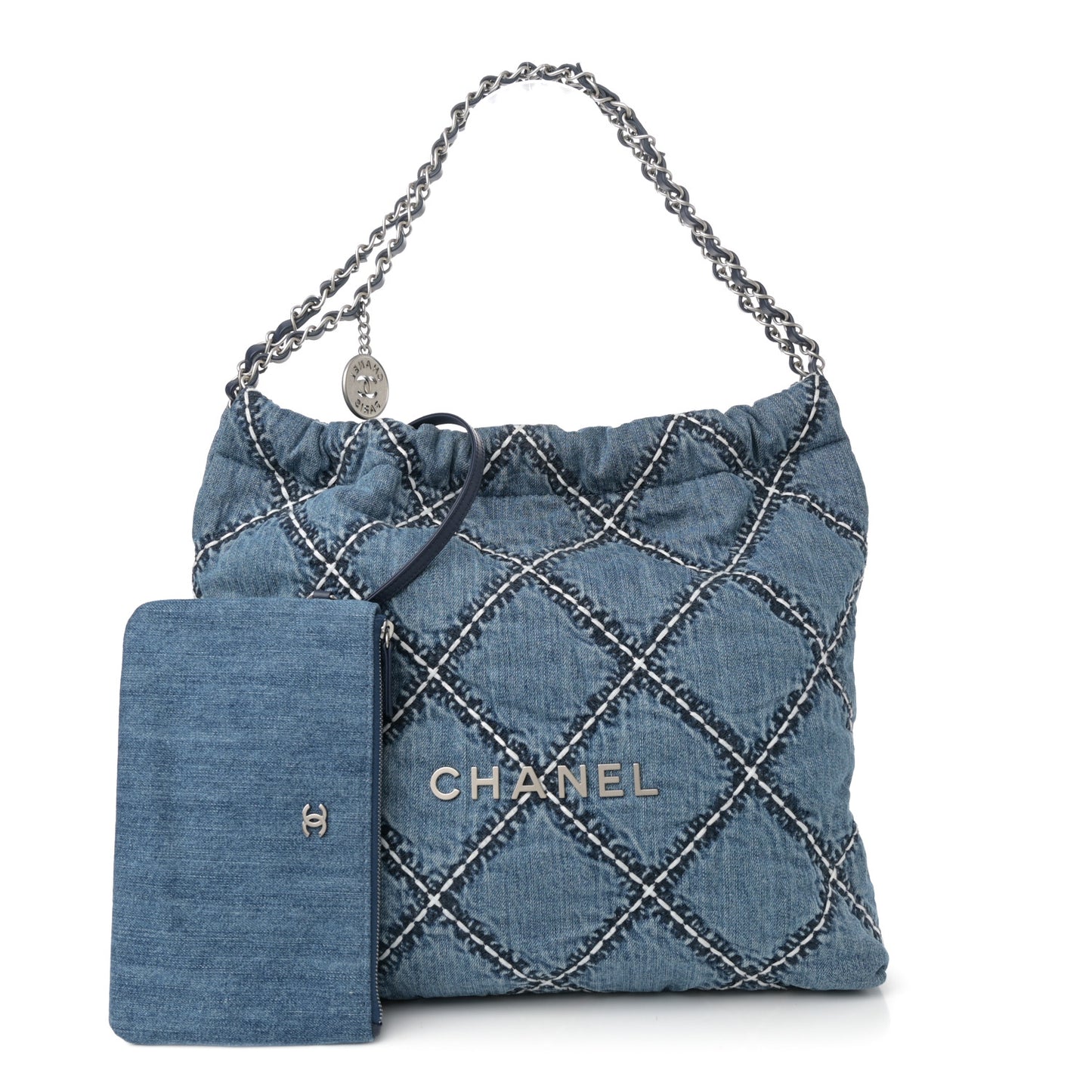 Denim Quilted Stitched Small Chanel 22 Blue