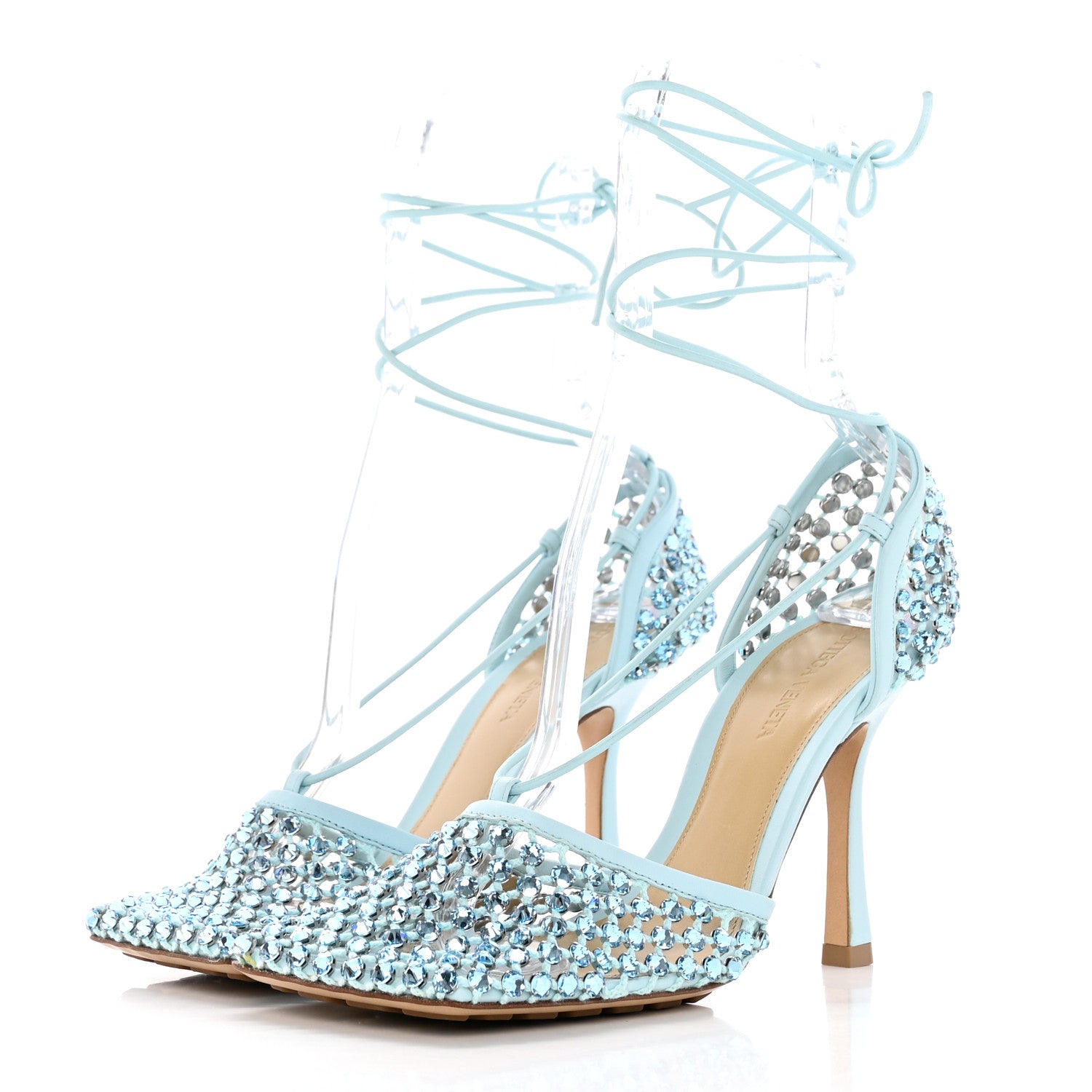 Bottega Veneta Mesh Nappa Crystal Embellished Sparkle Stretch Ankle Tie Sandals 38 Pale Blue 3 of 13