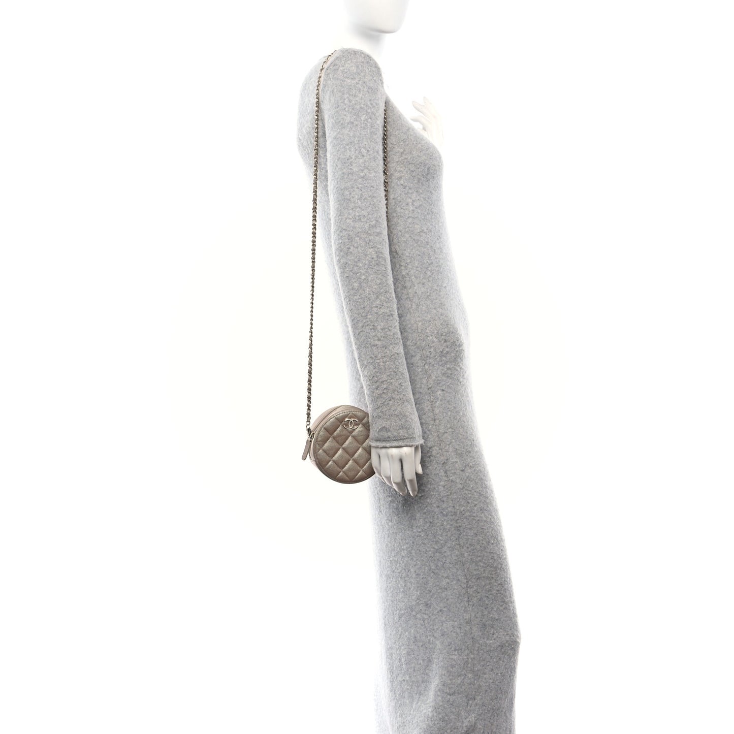 Iridescent Caviar Resin Quilted Round Clutch With Chain Beige