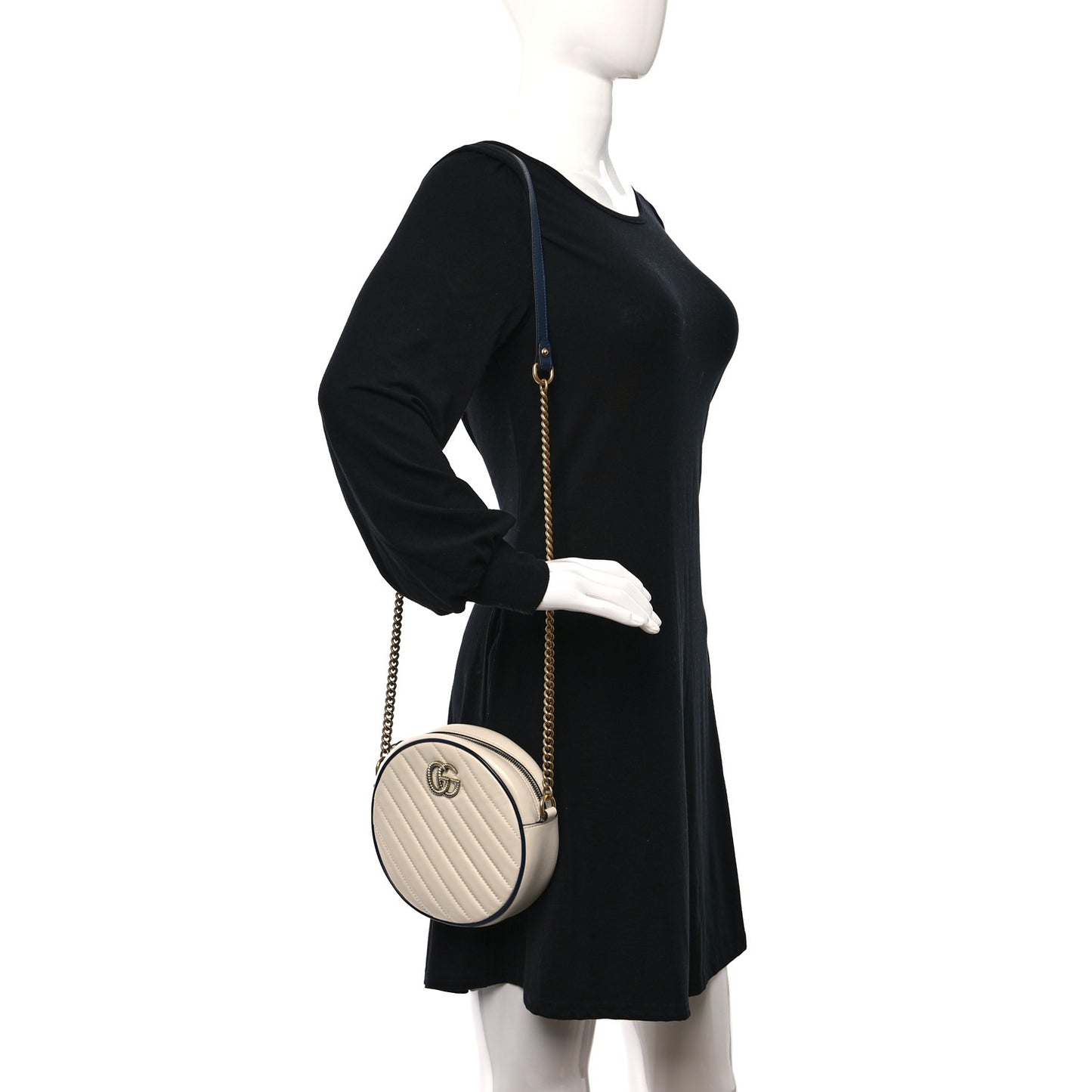 Azalea Calfskin Matelasse Diagonal Mini Torchon GG Marmont Round Shoulder Bag Mystic White Blue Agata