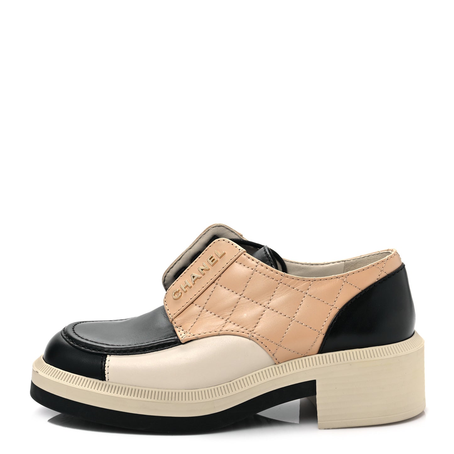 Calfskin Quilted Logo Lace Up Loafers 37 Black Beige