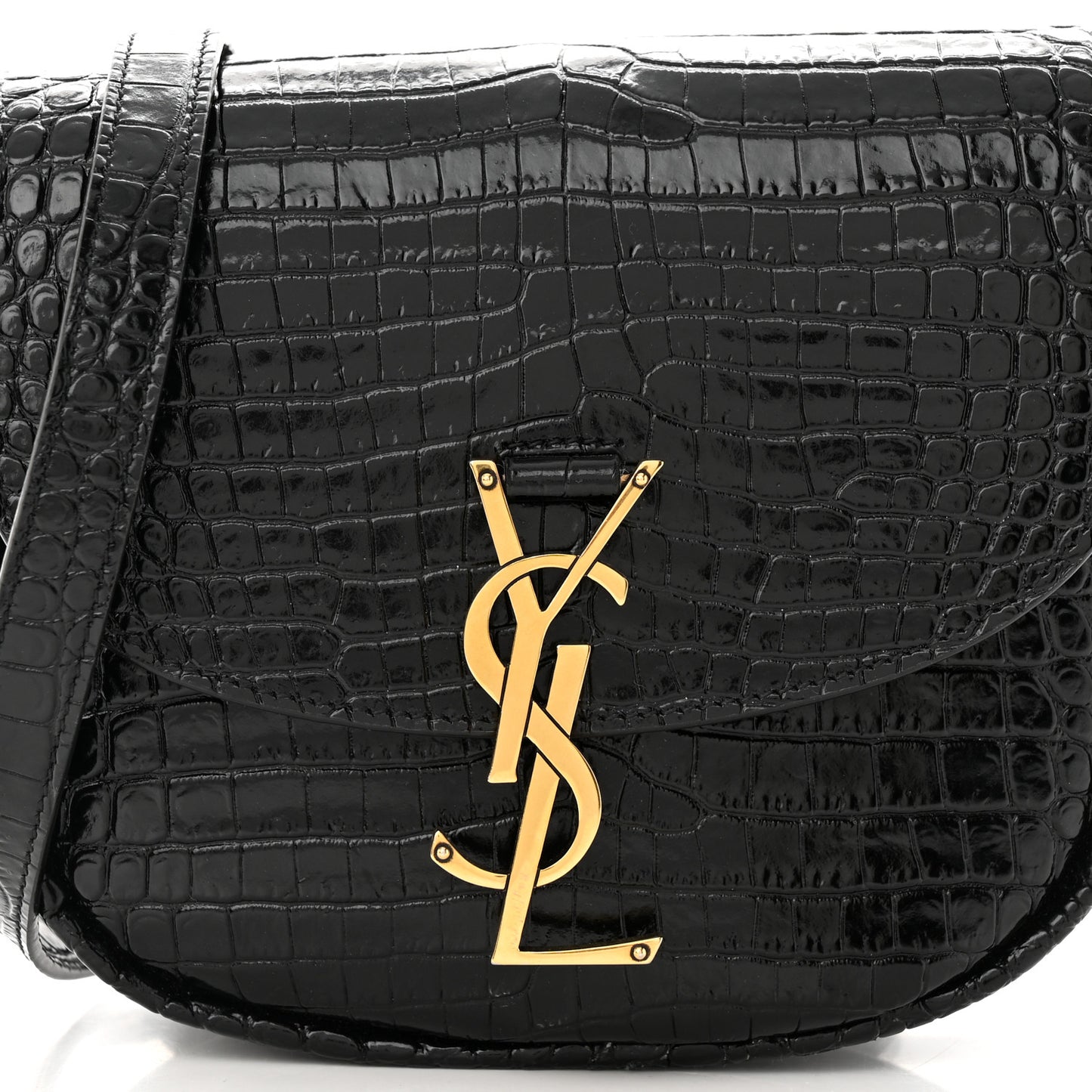 Crocodile Embossed Calfskin Small Kaia Satchel Black