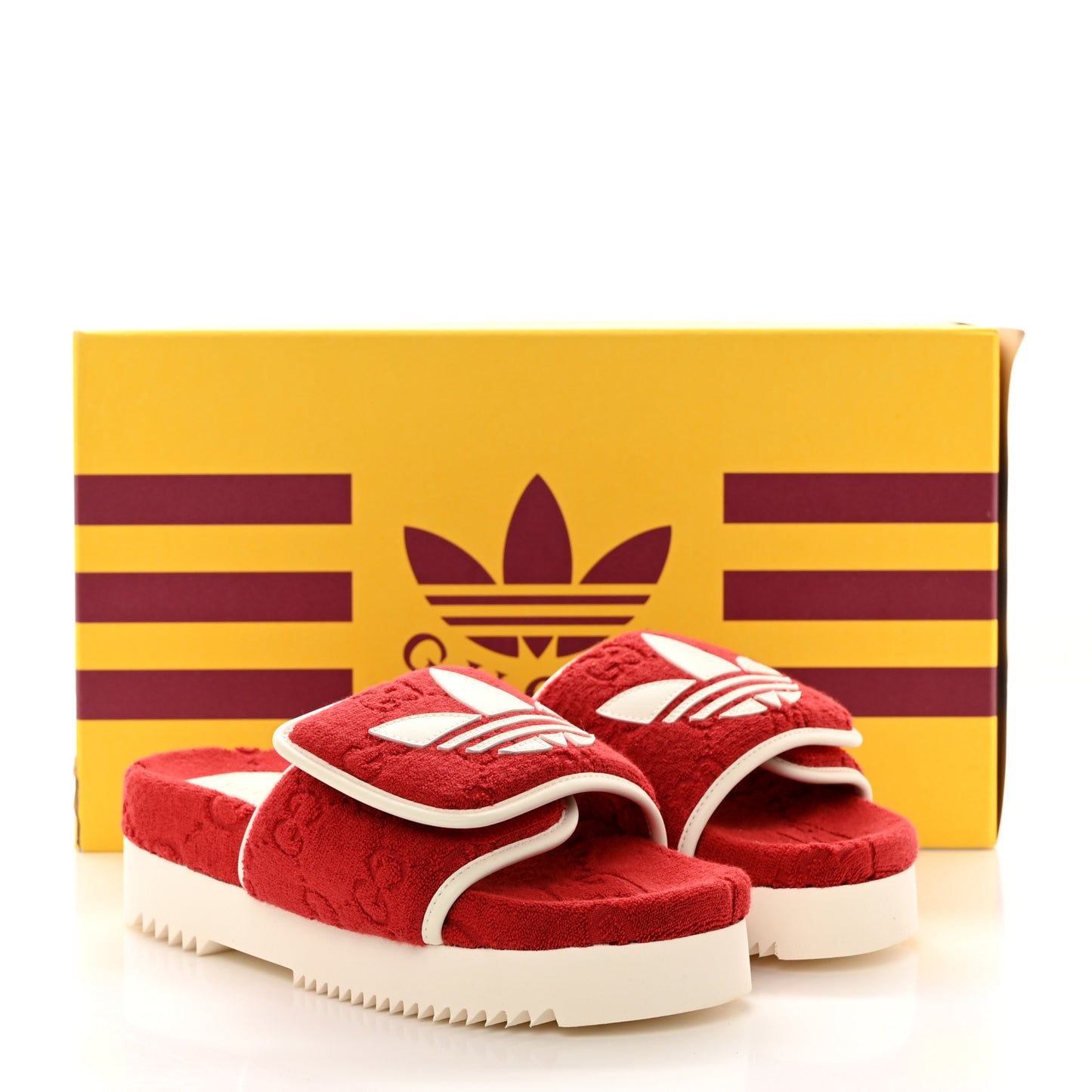 X ADIDAS Terry Cloth Trefoil GG Monogram Womens Platform Sandals 37 Maple Red Off White