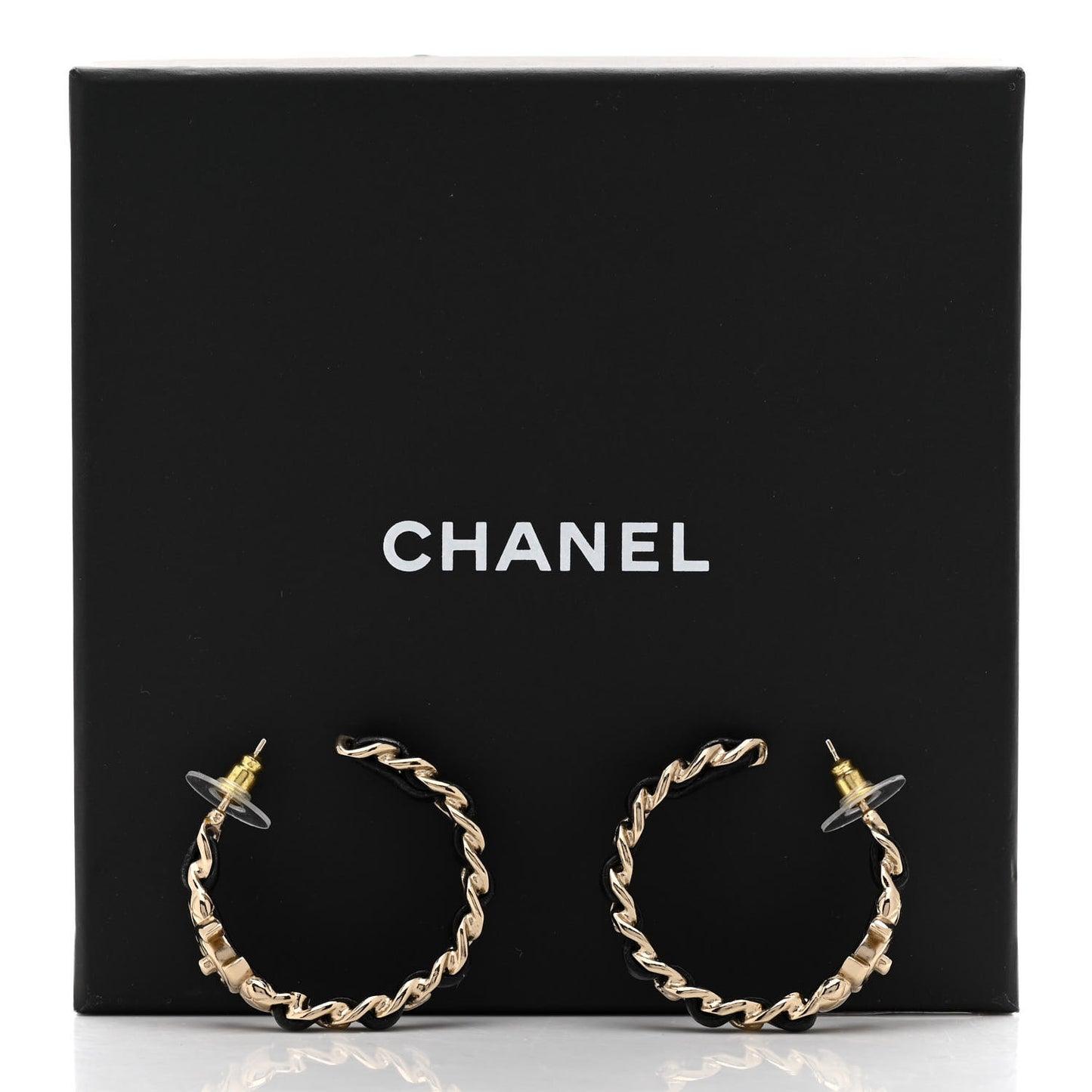 Metal Lambskin Quilted CC Turnlock Chain Hoop Earrings Gold Black