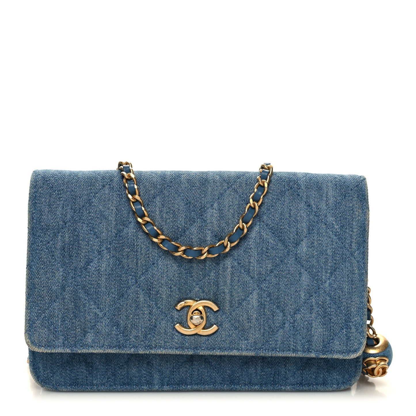 Denim Quilted CC Pearl Crush Wallet on Chain WOC Blue