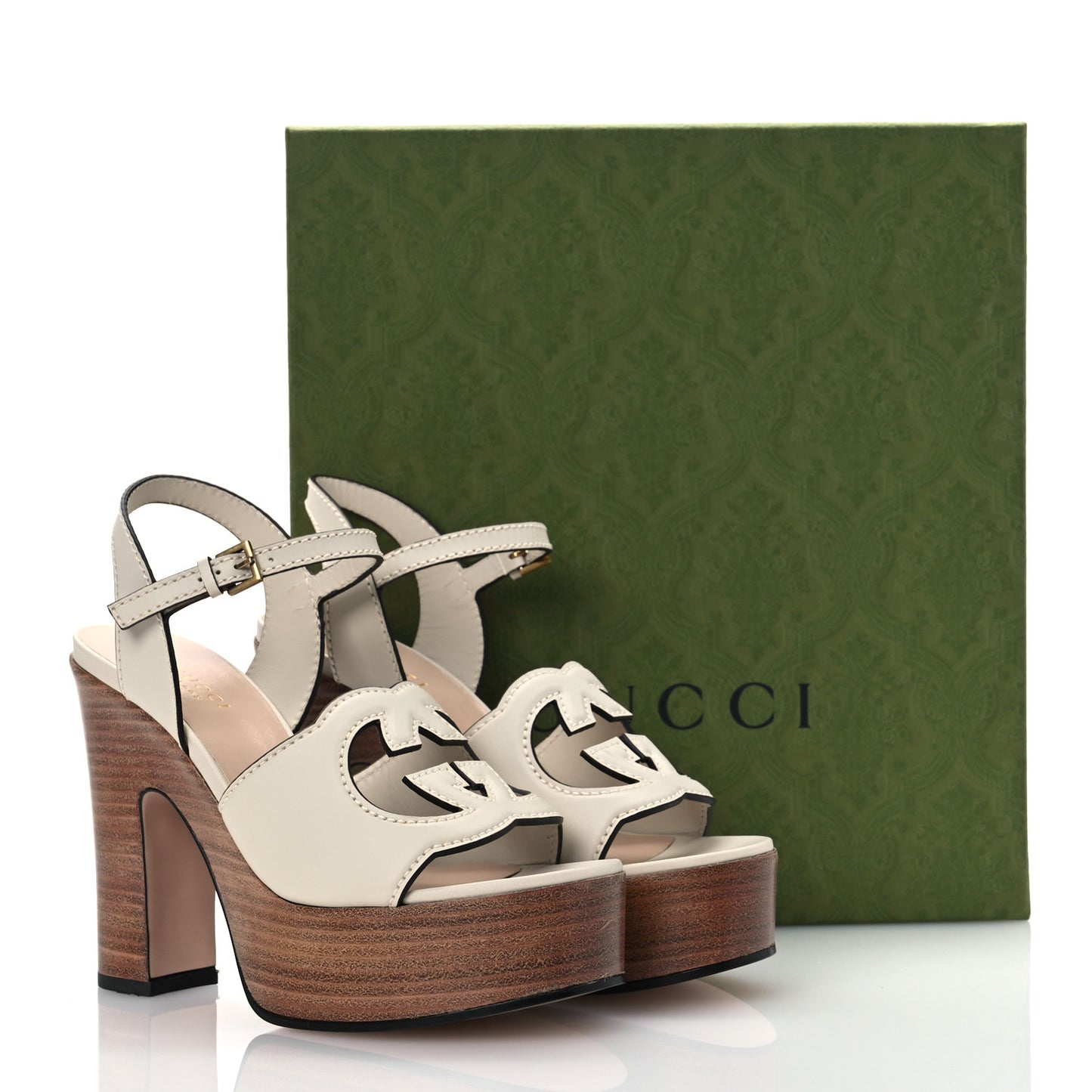 Cosmos Softy Calfskin Wooden Interlocking G Cut-Out 30/120mm Platform Sandals 36 Mystic White